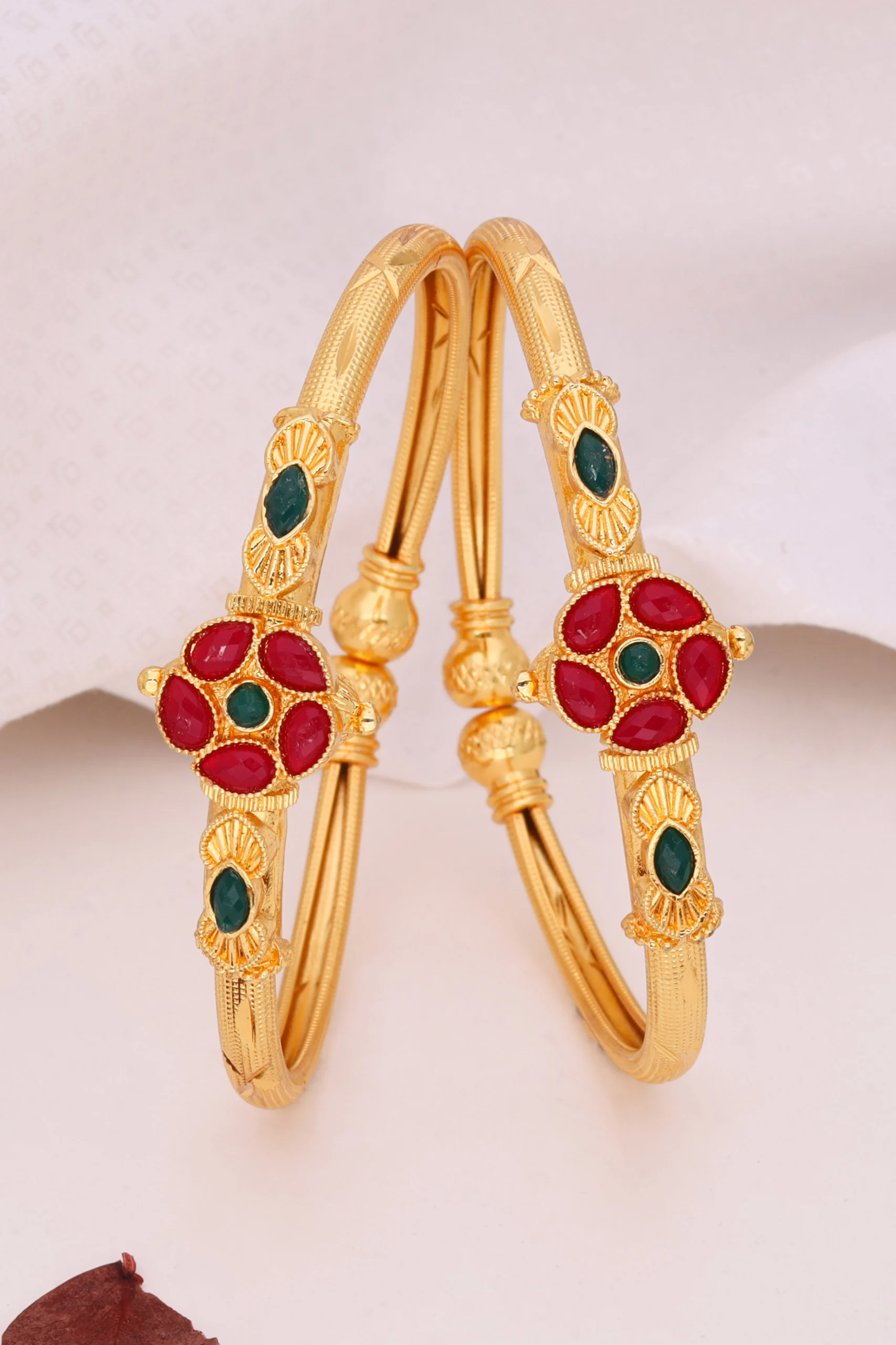 Golden Ruby Emerald Floral Bangles - Image 5