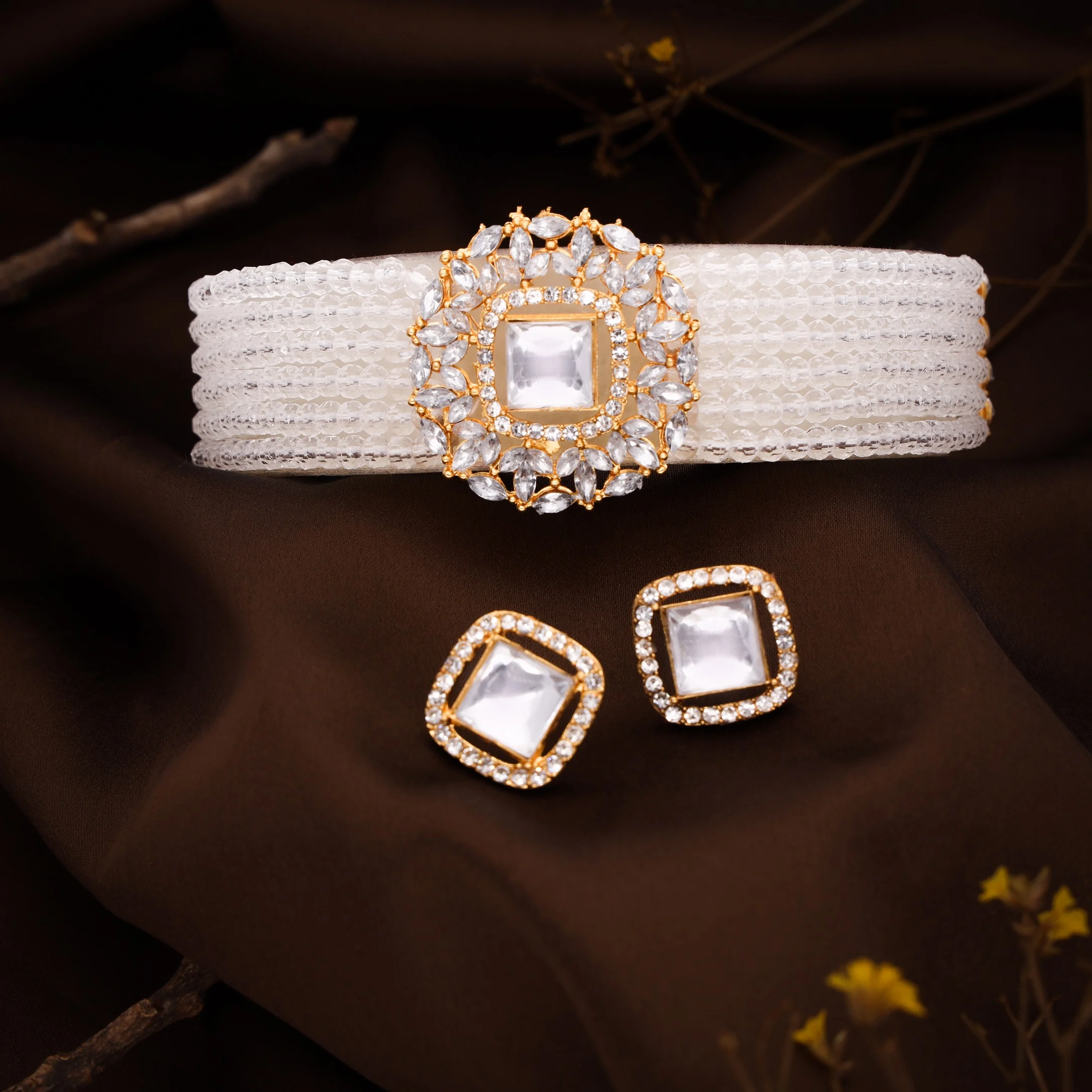 White Beaded Kundan Choker Set - Image 6