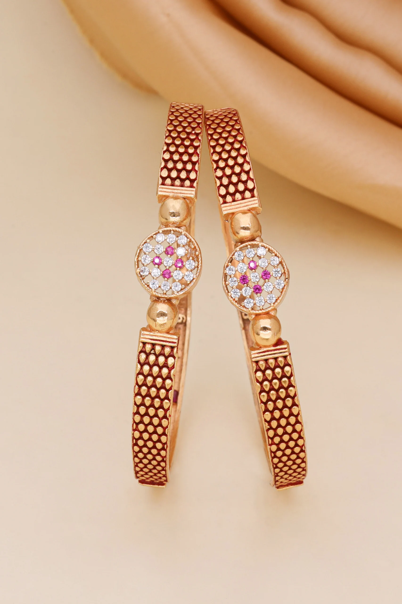 Golden Pink Crystal Medallion Bangle Pair