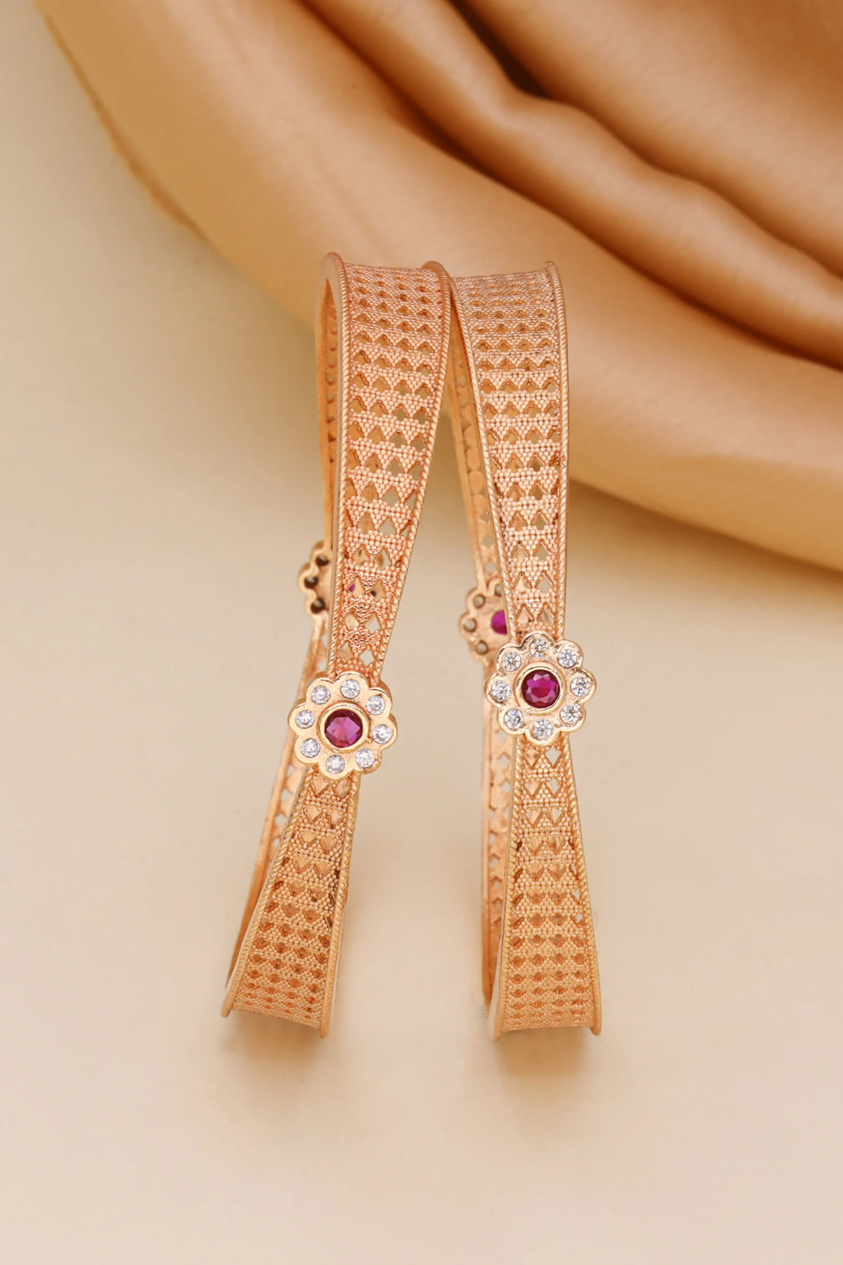 Golden Ruby Floral Mesh Bangle Pair - Image 4