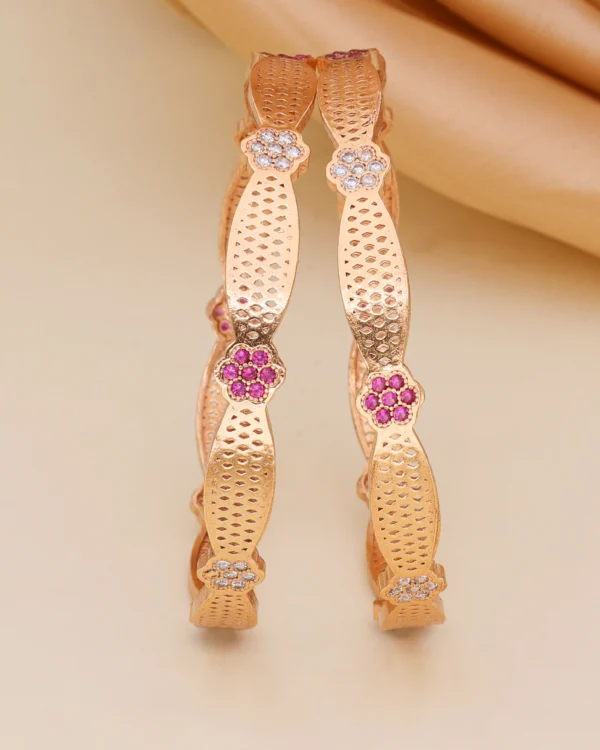 Golden Ruby Blossom Textured Bangle Pair