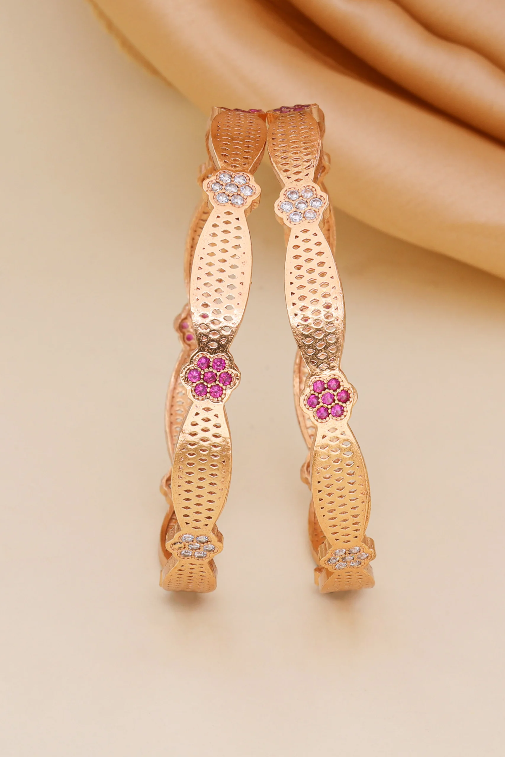 Golden Ruby Blossom Textured Bangle Pair