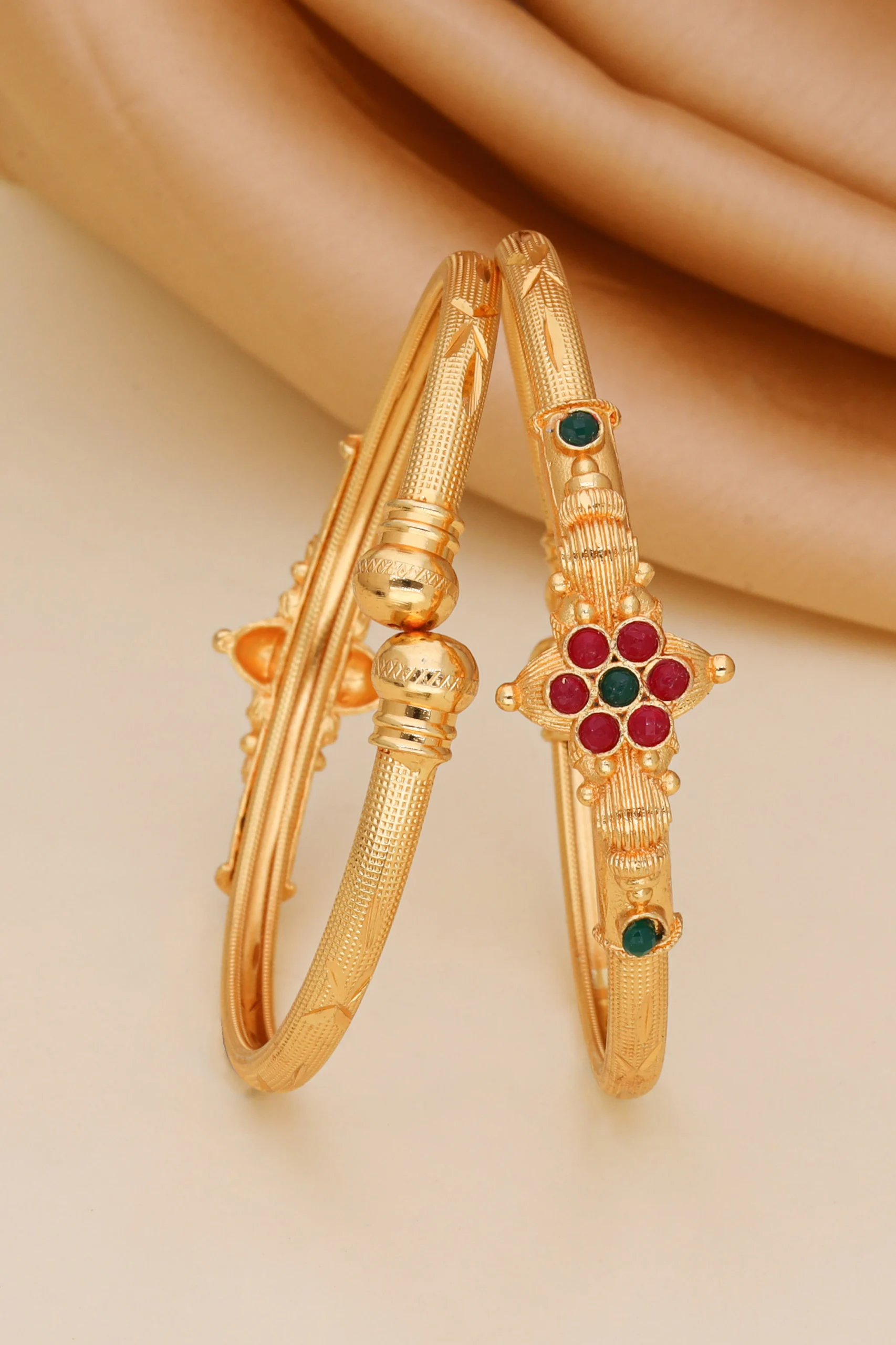 Golden Ruby Green Floral Bangles - Image 5
