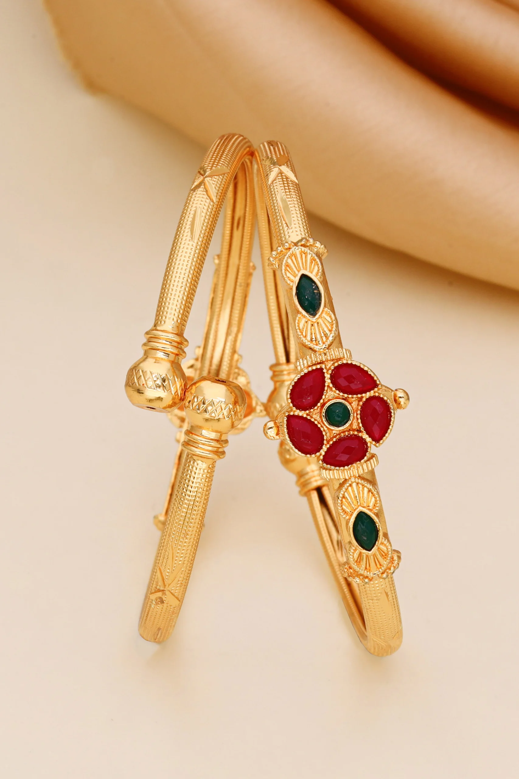 Golden Ruby Emerald Floral Bangles - Image 4