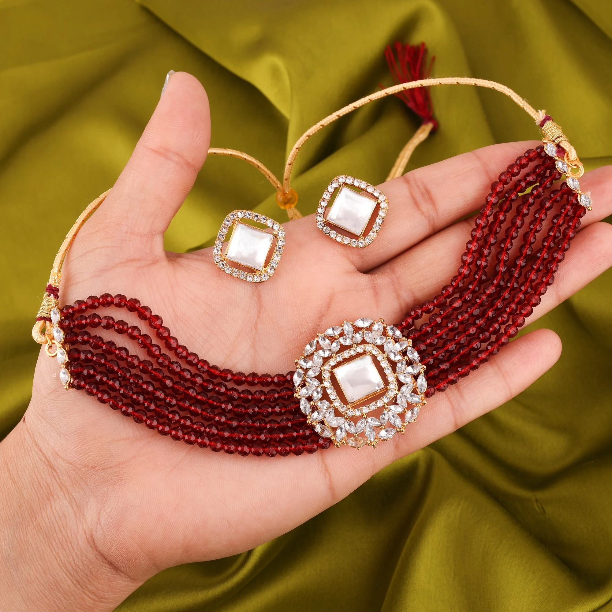 Ruby Red Beaded Choker Set