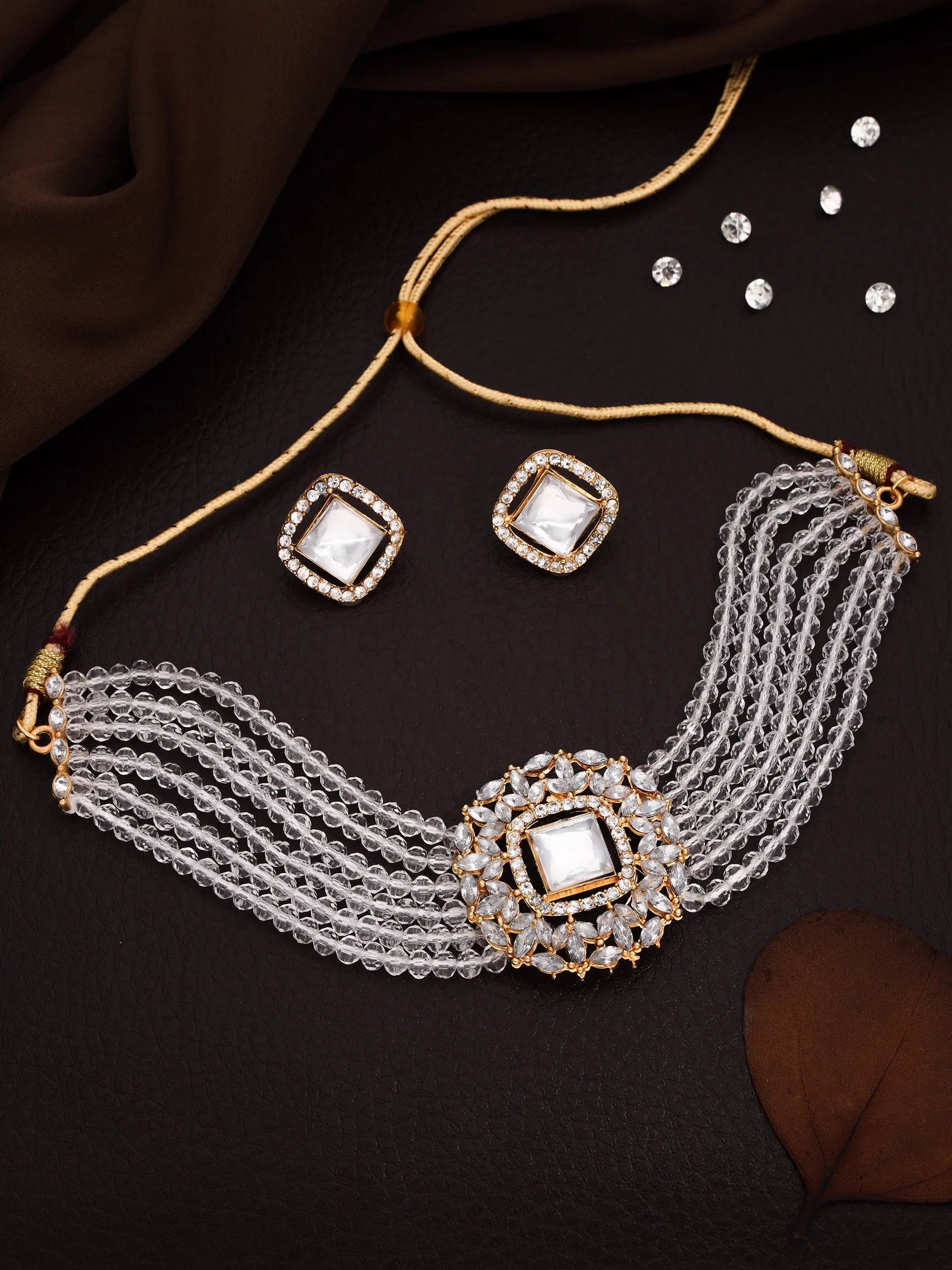 White Beaded Kundan Choker Set - Image 4