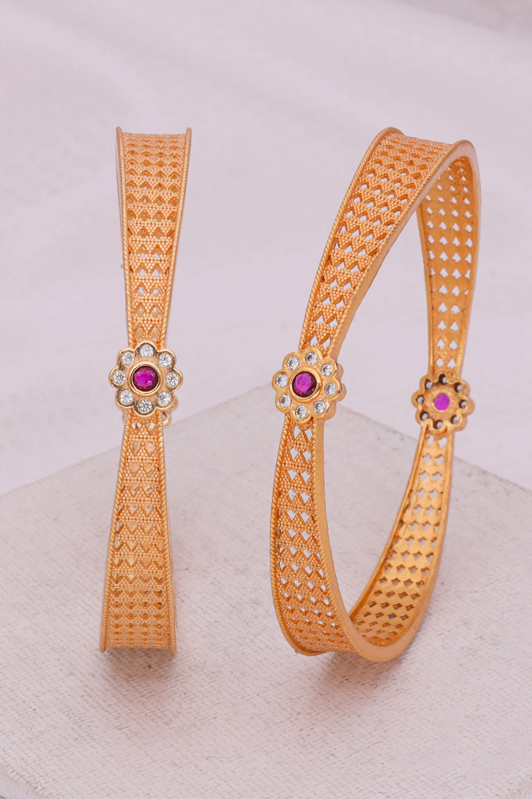 Golden Ruby Floral Mesh Bangle Pair - Image 3