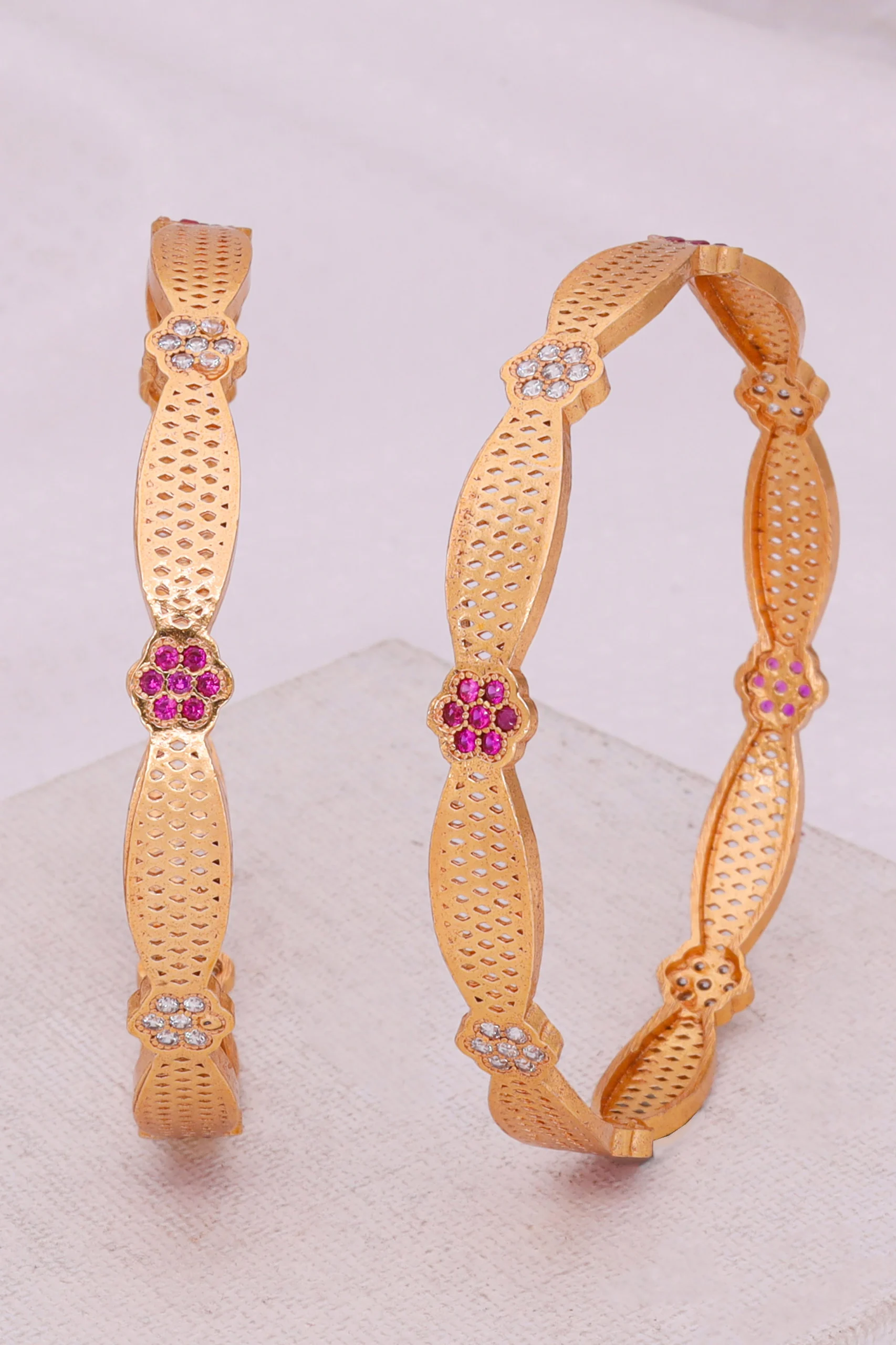 Golden Ruby Blossom Textured Bangle Pair - Image 4