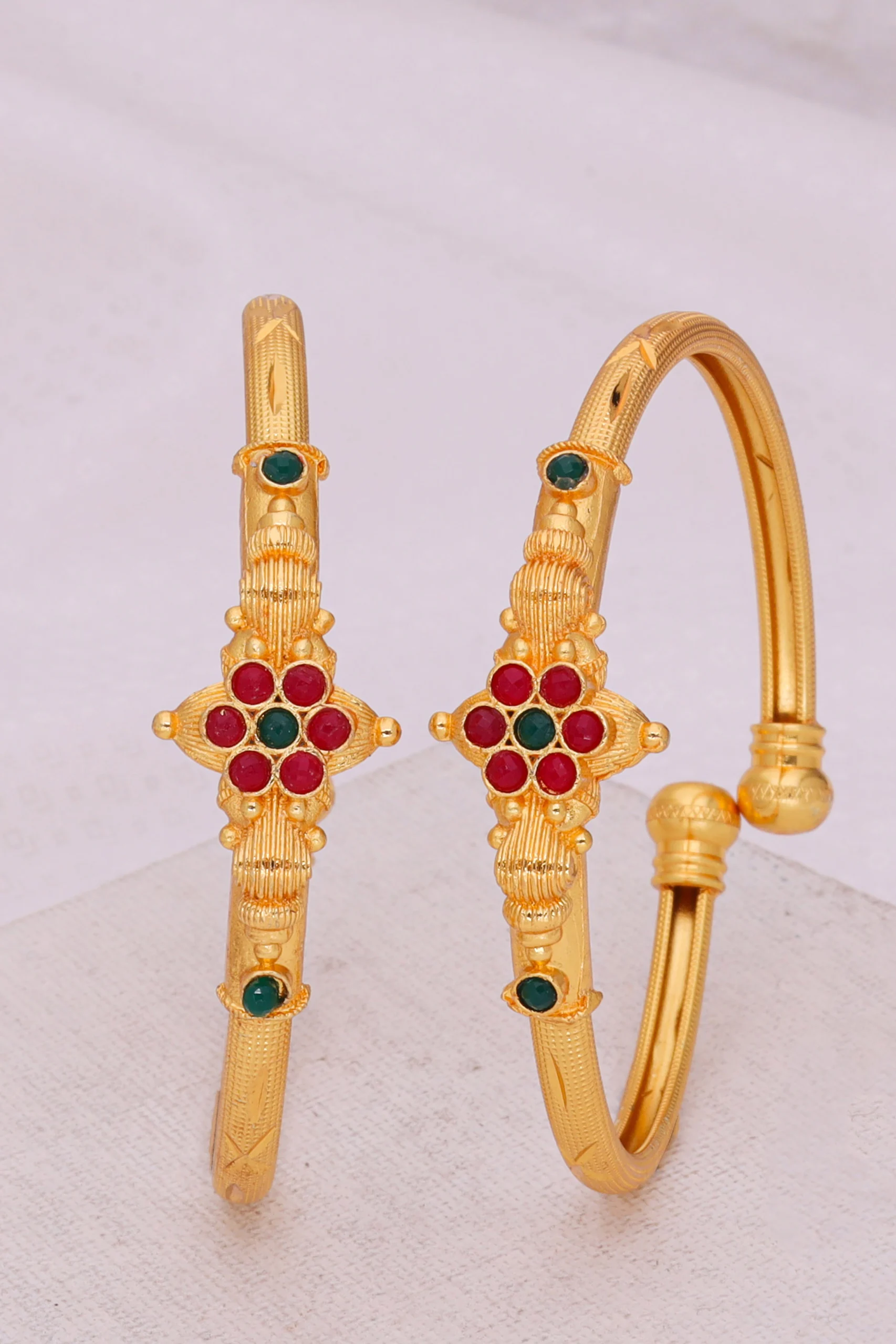 Golden Ruby Green Floral Bangles - Image 4