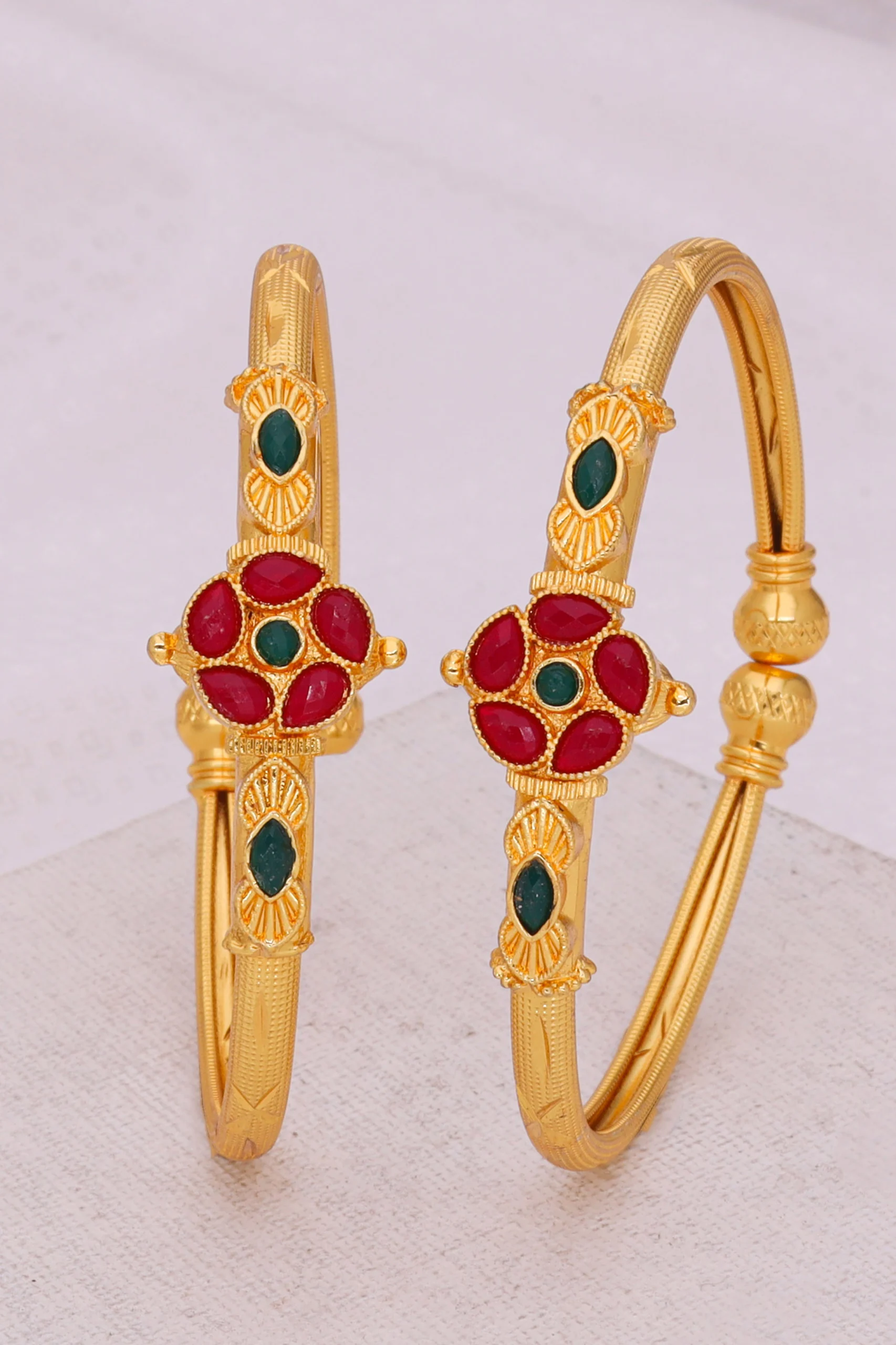 Golden Ruby Emerald Floral Bangles - Image 3