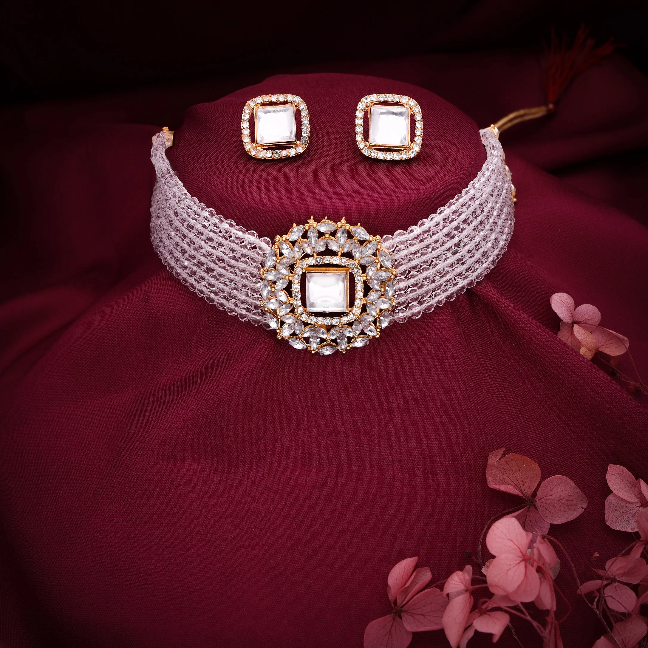 White Beaded Kundan Choker Set - Image 3