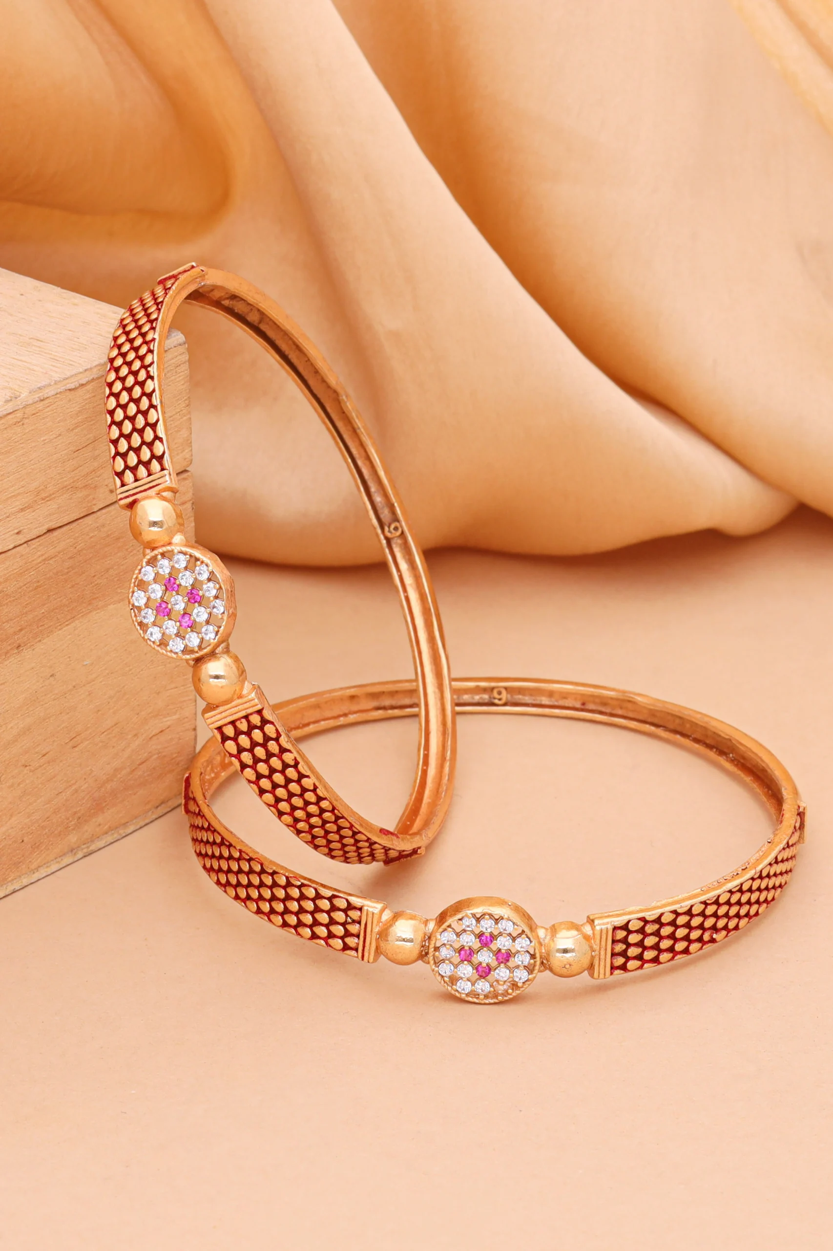 Golden Pink Crystal Medallion Bangle Pair - Image 3
