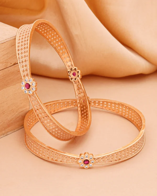Golden Ruby Floral Mesh Bangle Pair