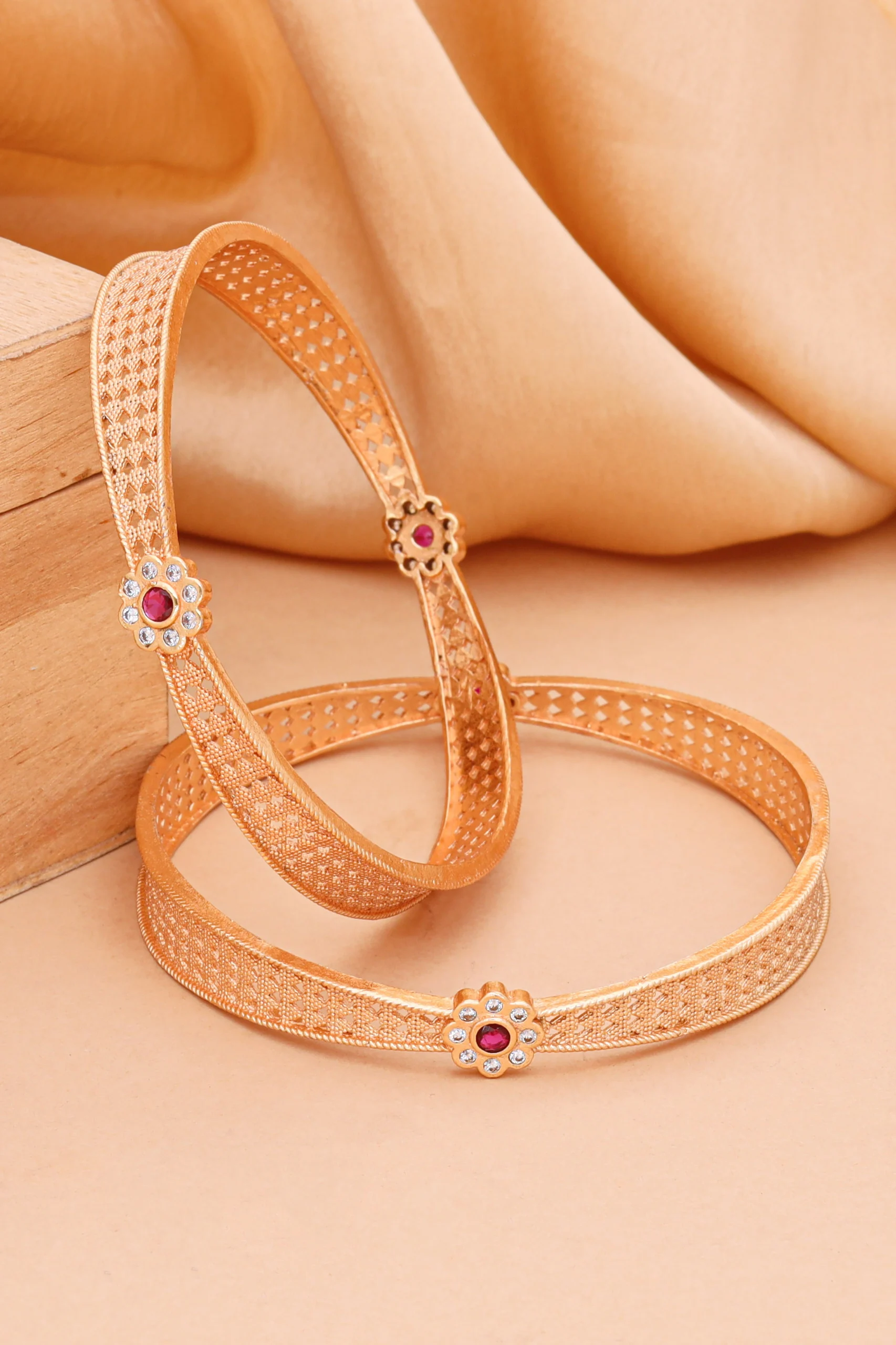 Golden Ruby Floral Mesh Bangle Pair