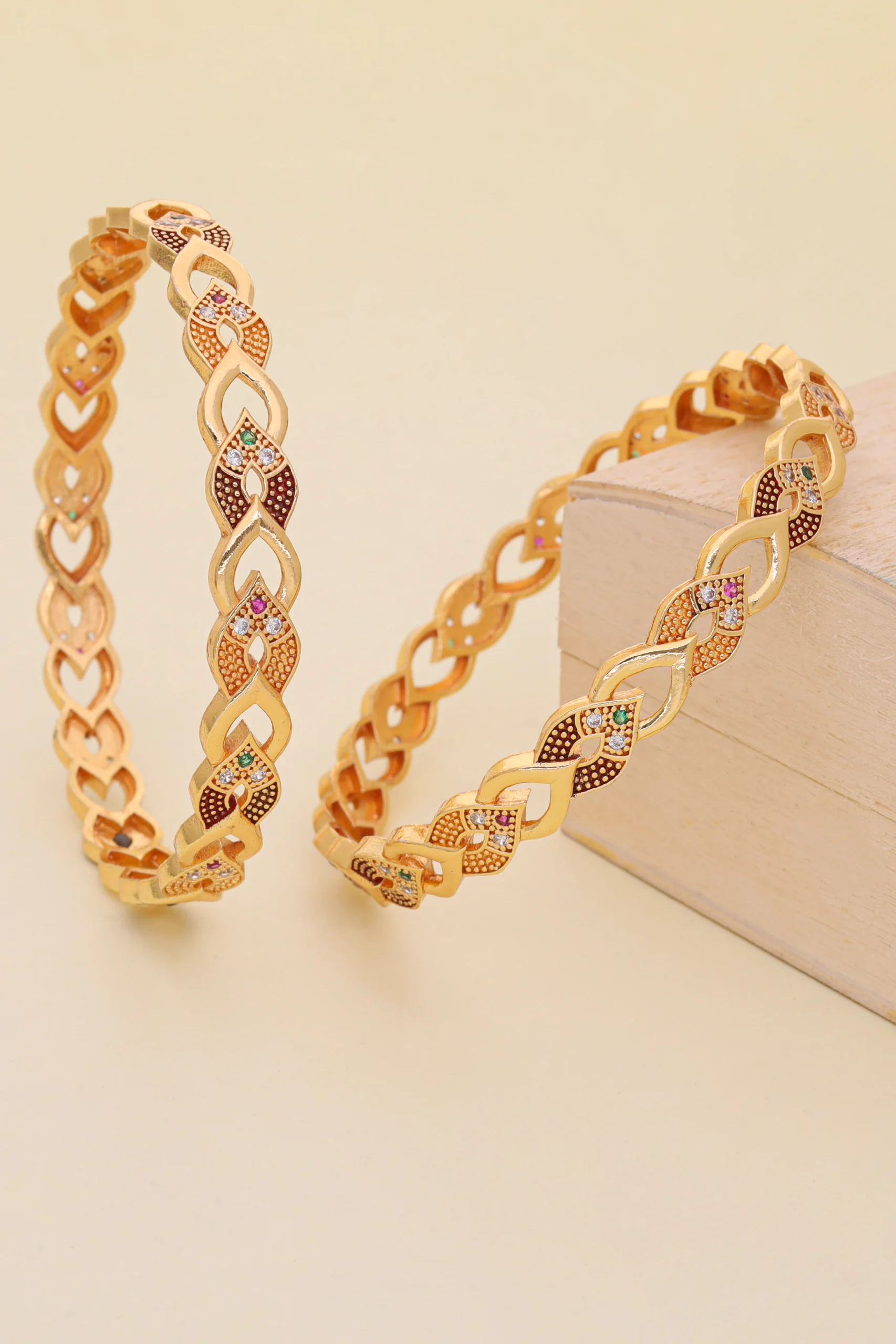 Golden Multicolor Leaf Link Bangle Pair - Image 3