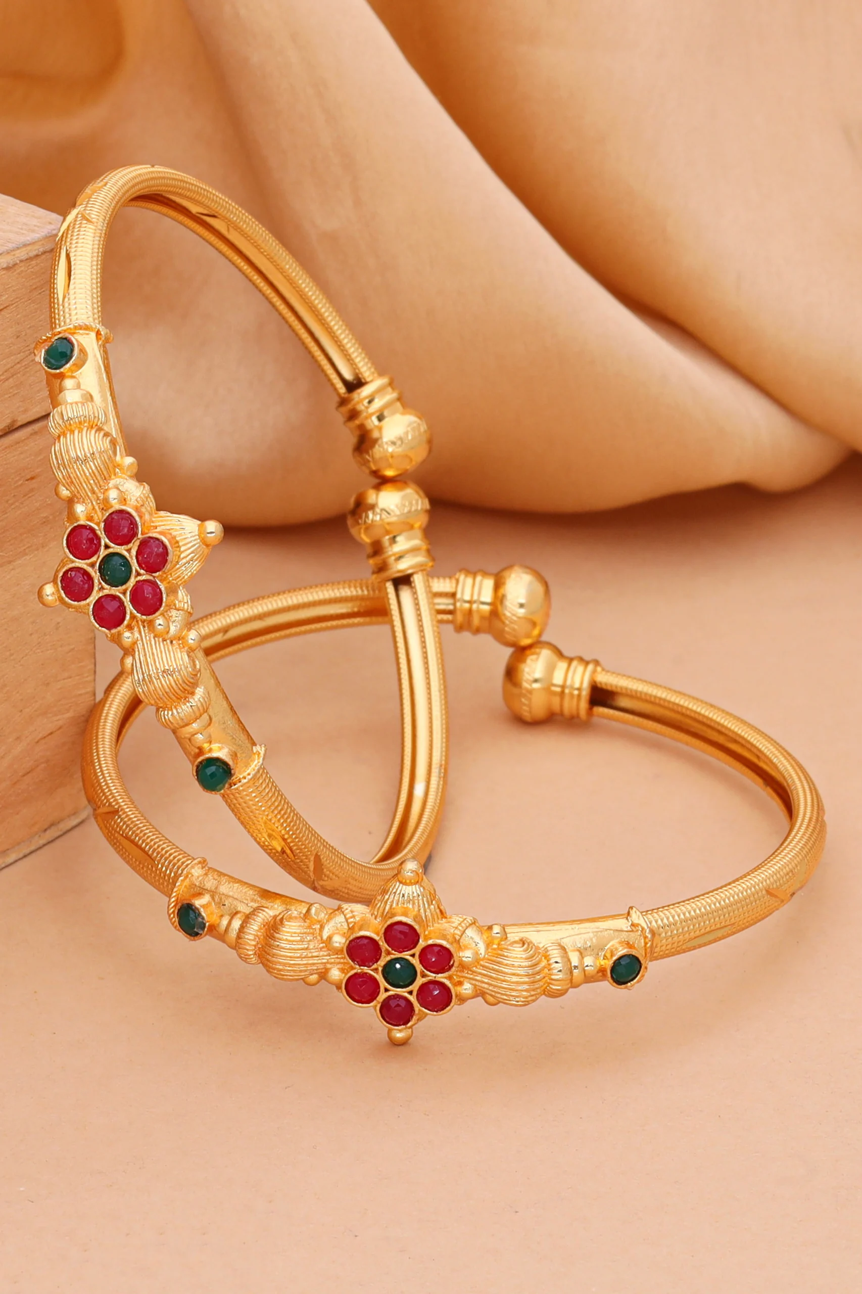 Golden Ruby Green Floral Bangles - Image 3