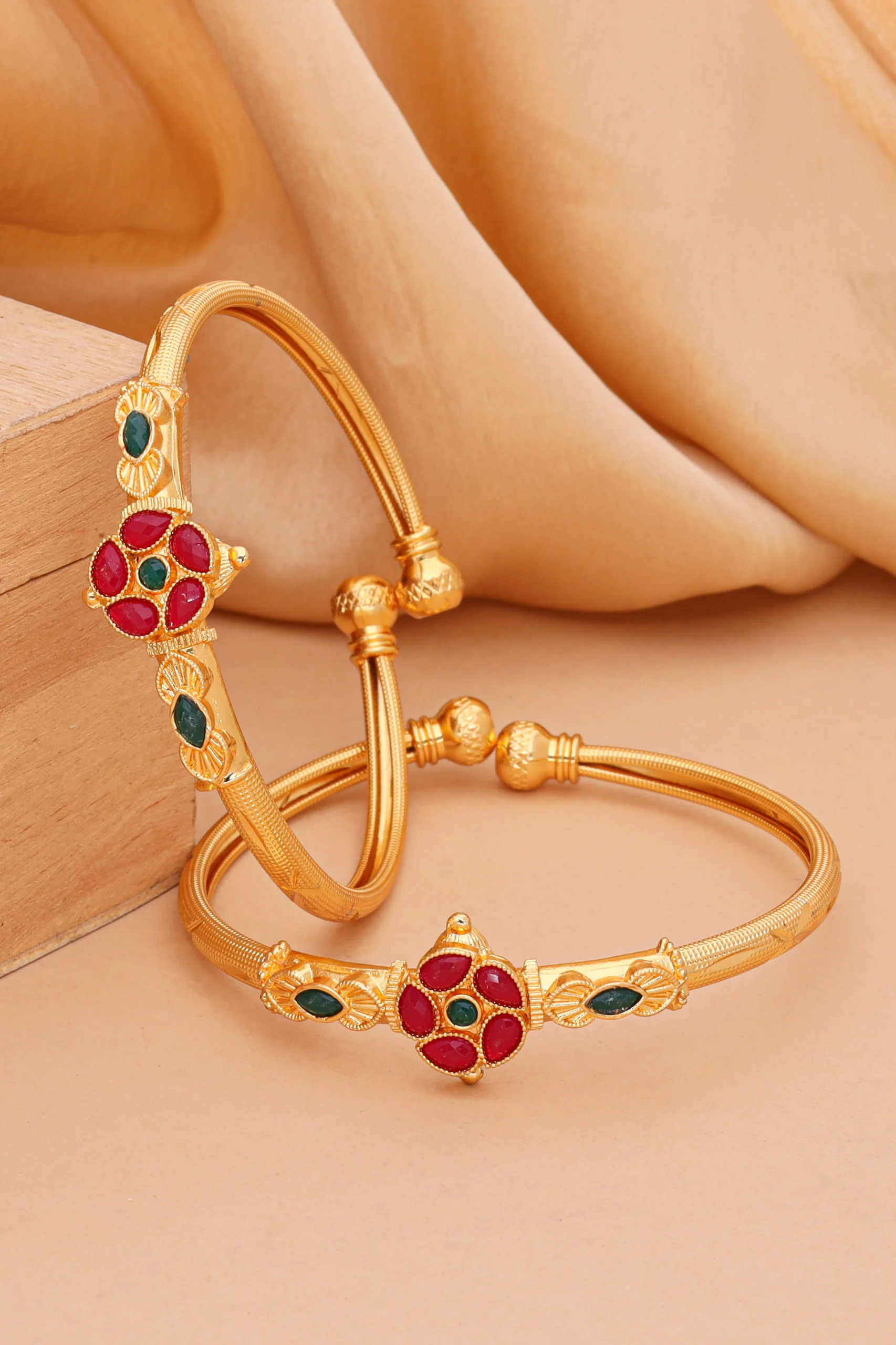 Golden Ruby Emerald Floral Bangles