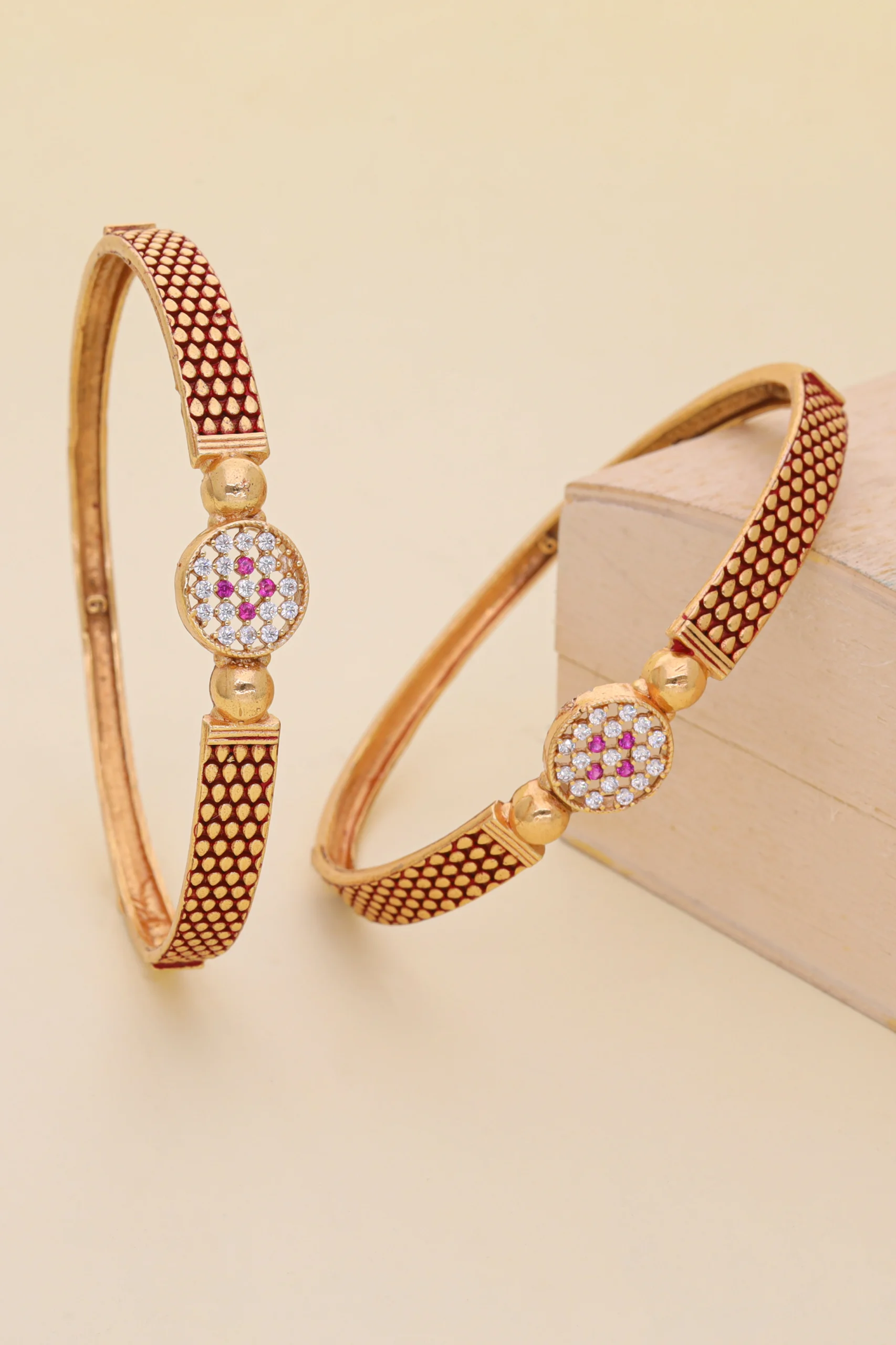 Golden Pink Crystal Medallion Bangle Pair - Image 2