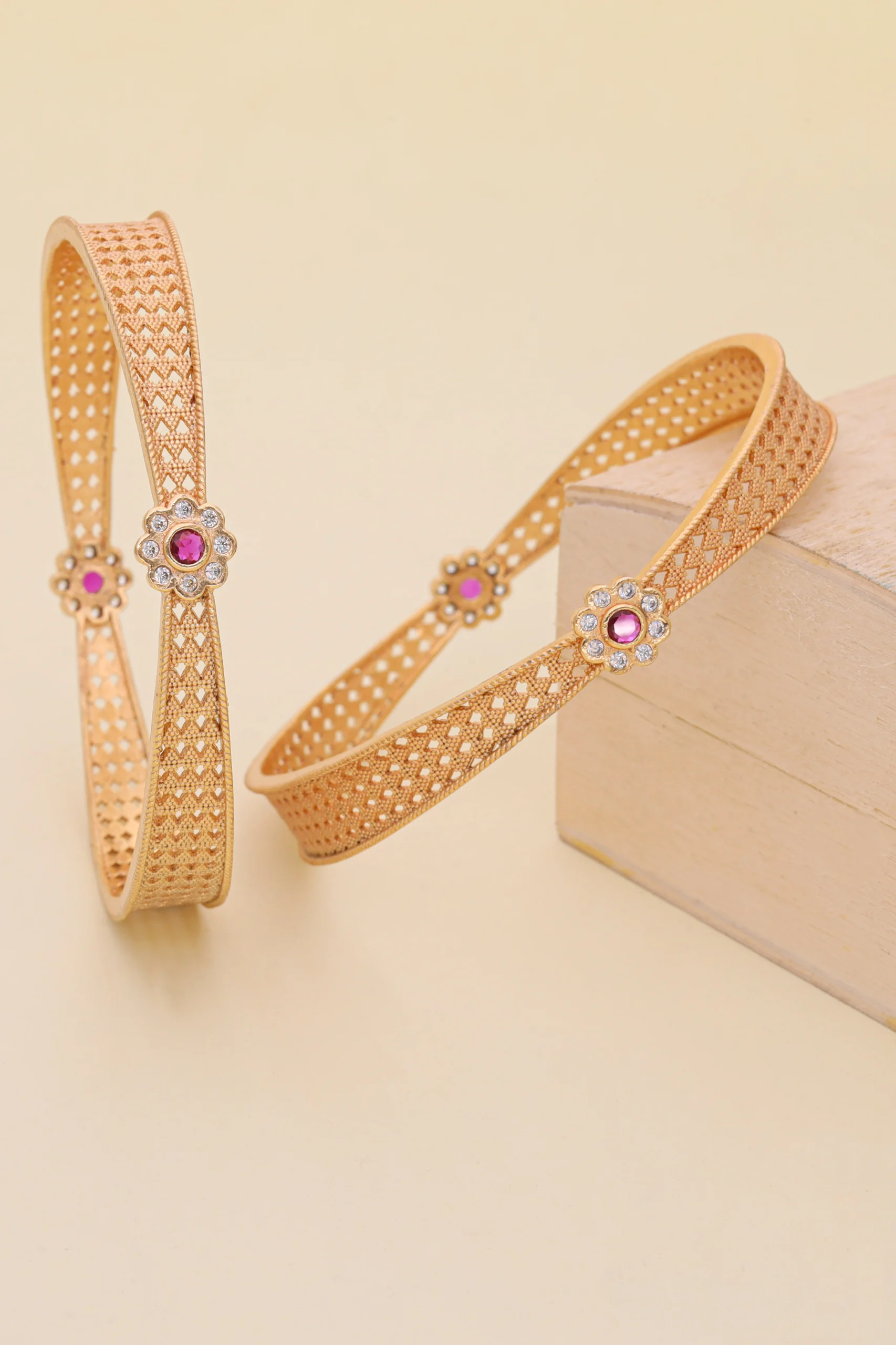 Golden Ruby Floral Mesh Bangle Pair - Image 2