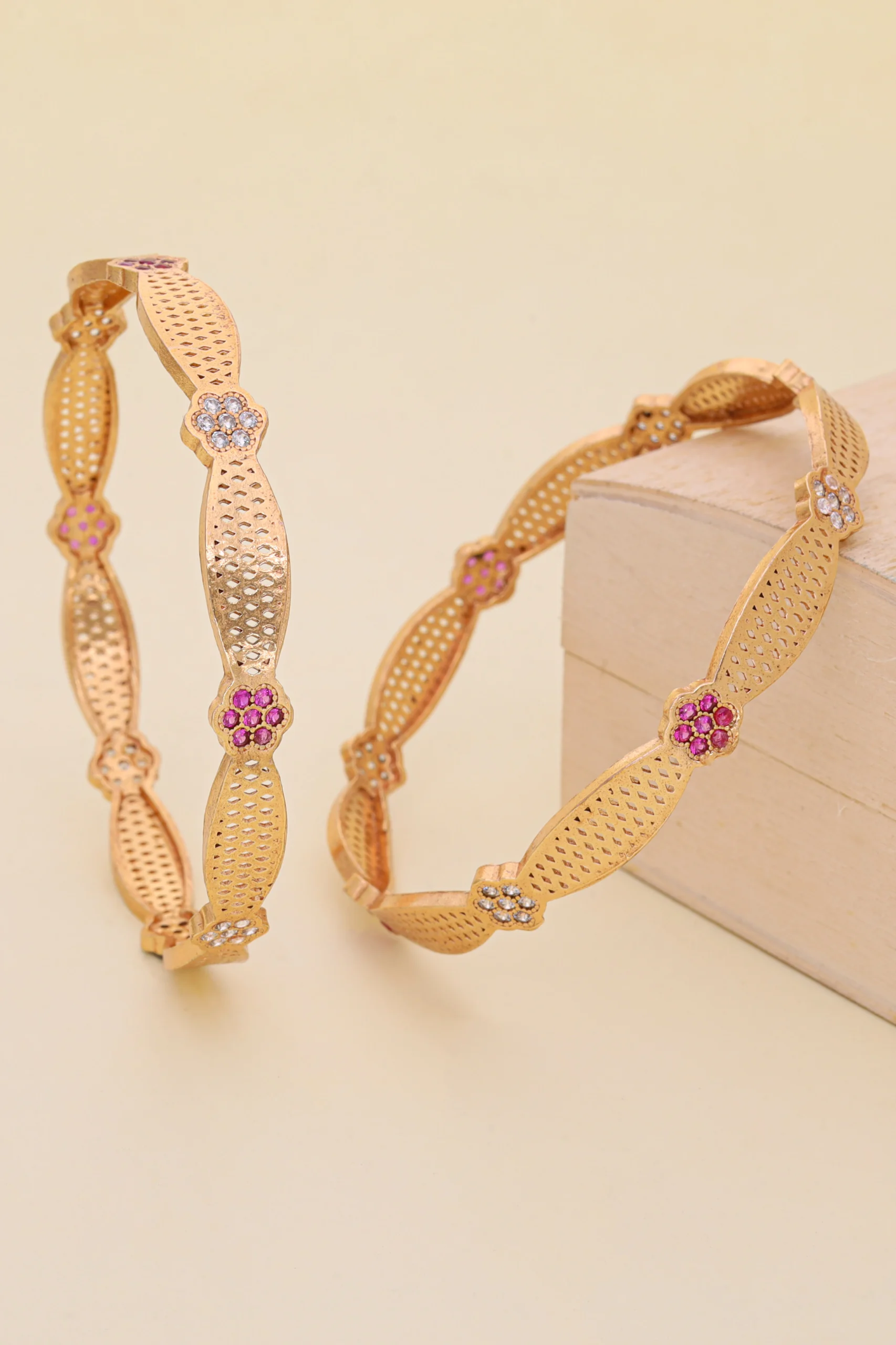 Golden Ruby Blossom Textured Bangle Pair - Image 2