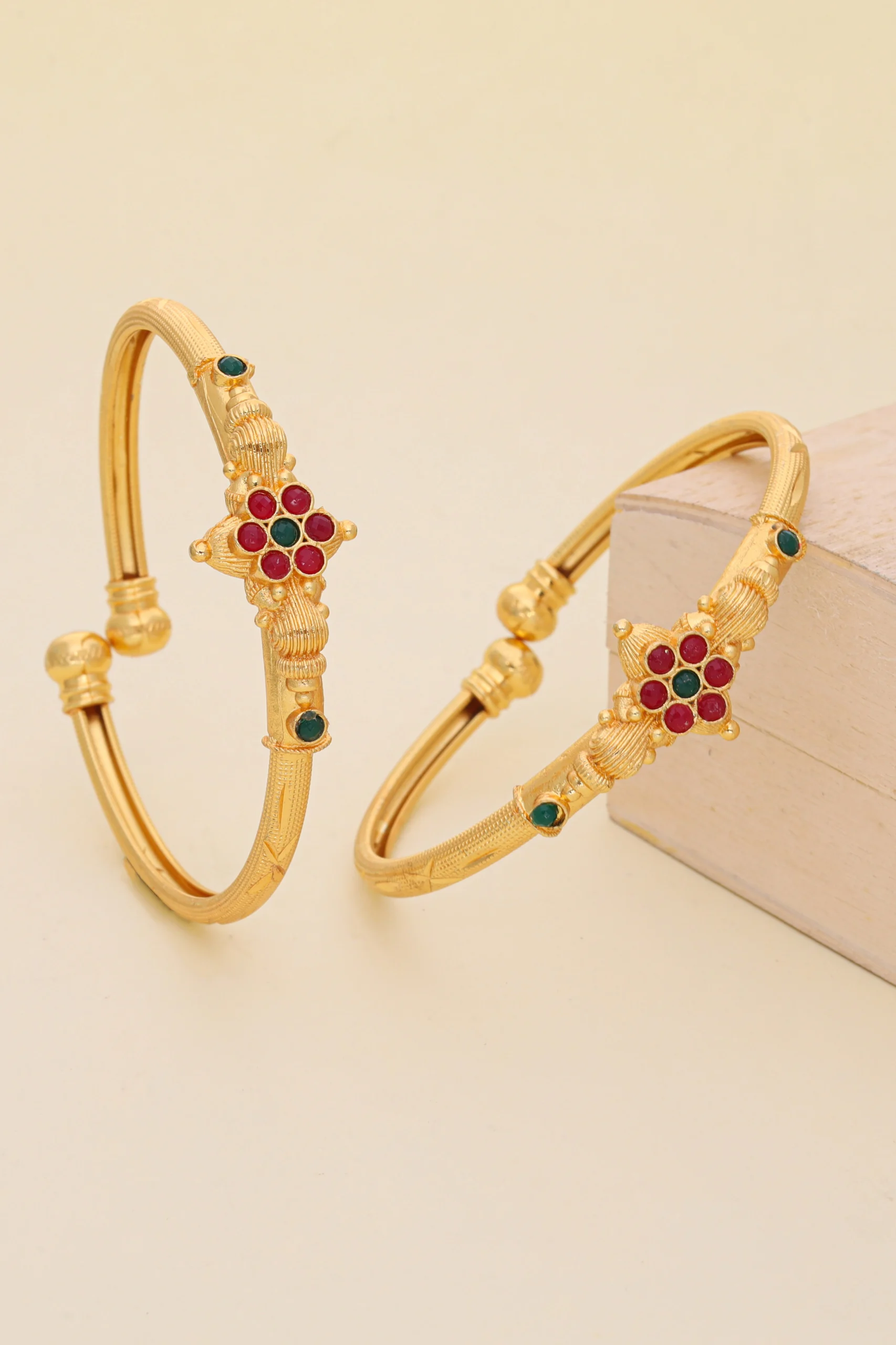 Golden Ruby Green Floral Bangles - Image 2