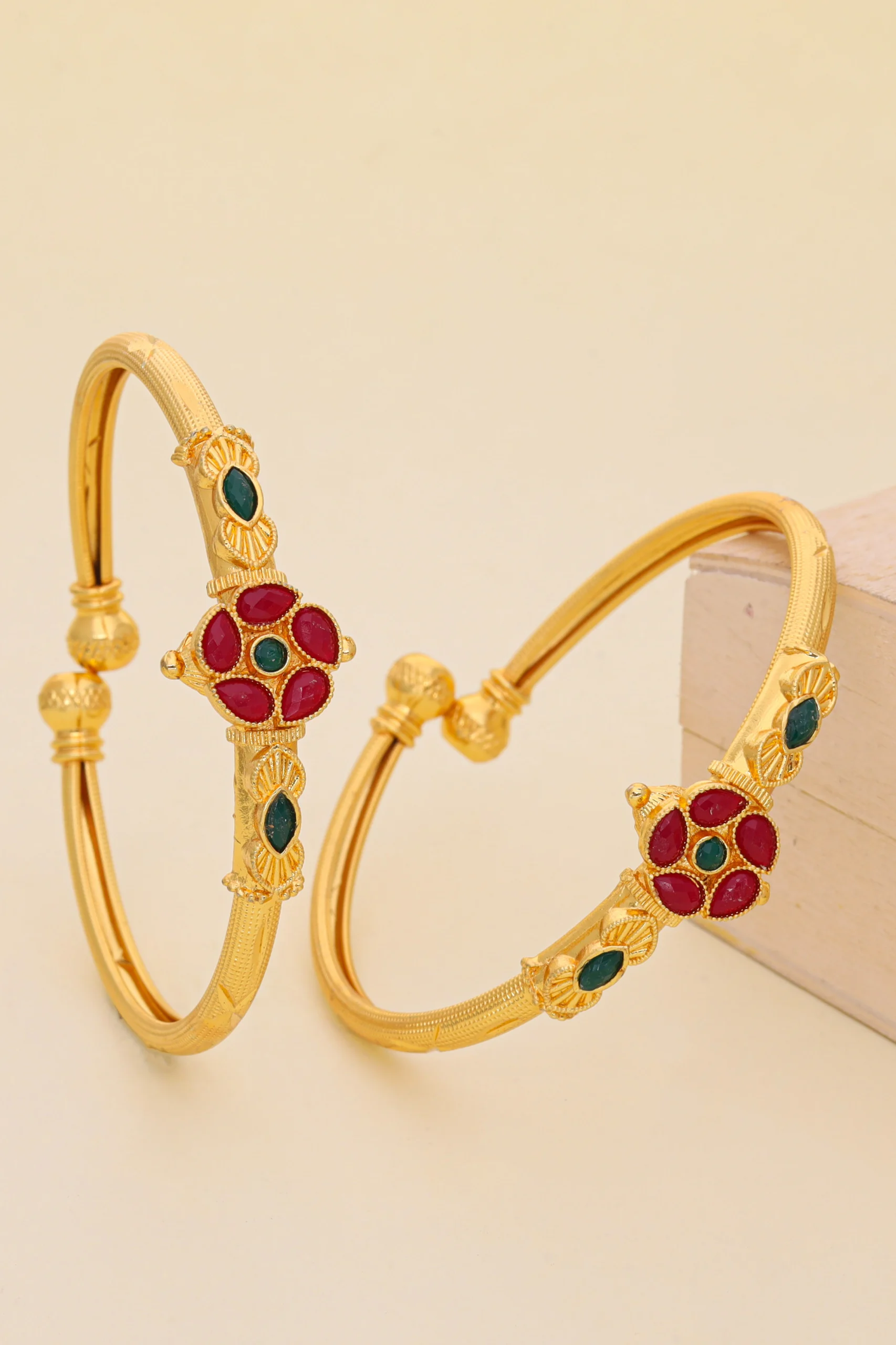 Golden Ruby Emerald Floral Bangles - Image 2