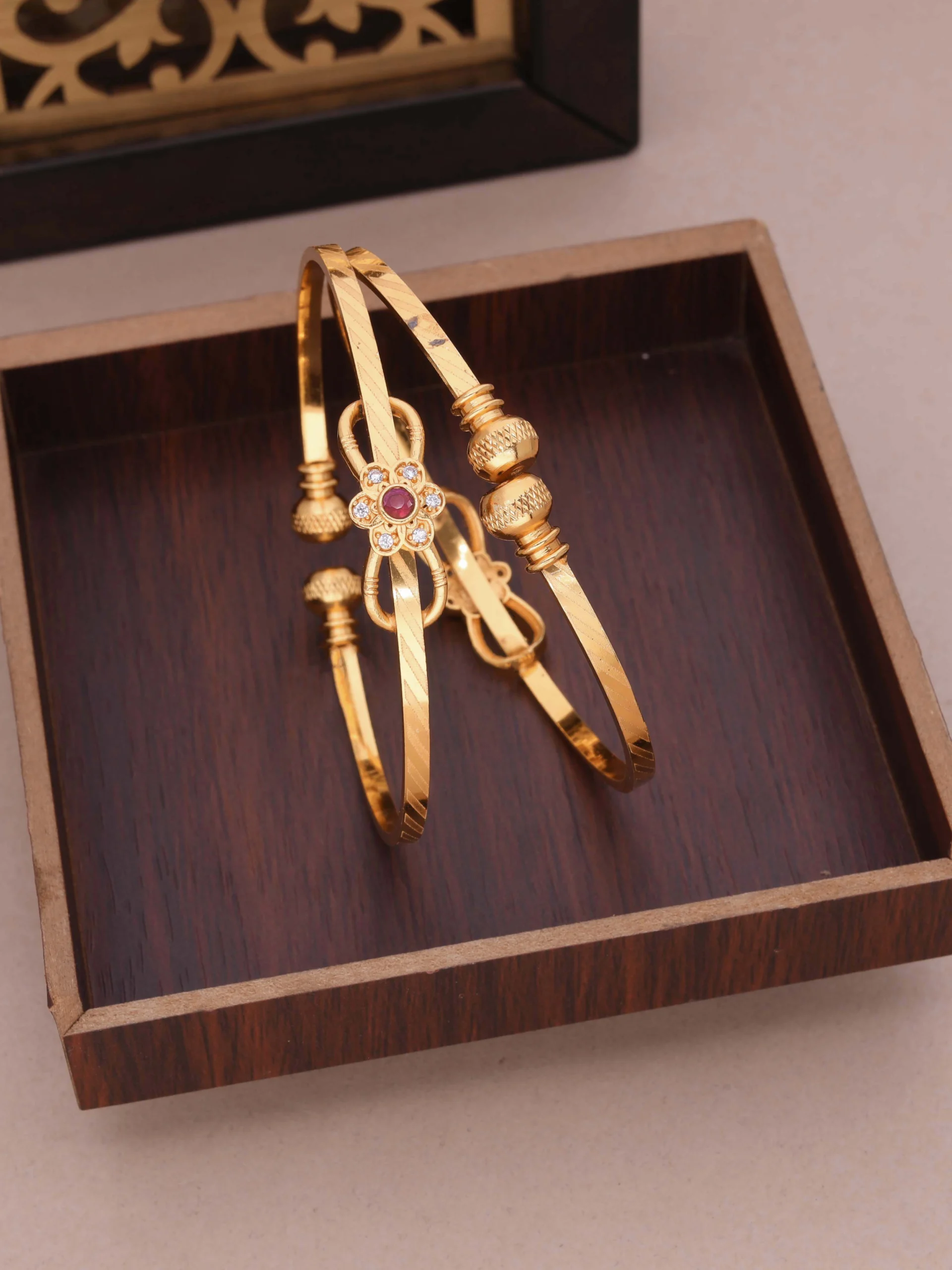 Golden Ruby Floral Charm Bangle Pair - Image 2
