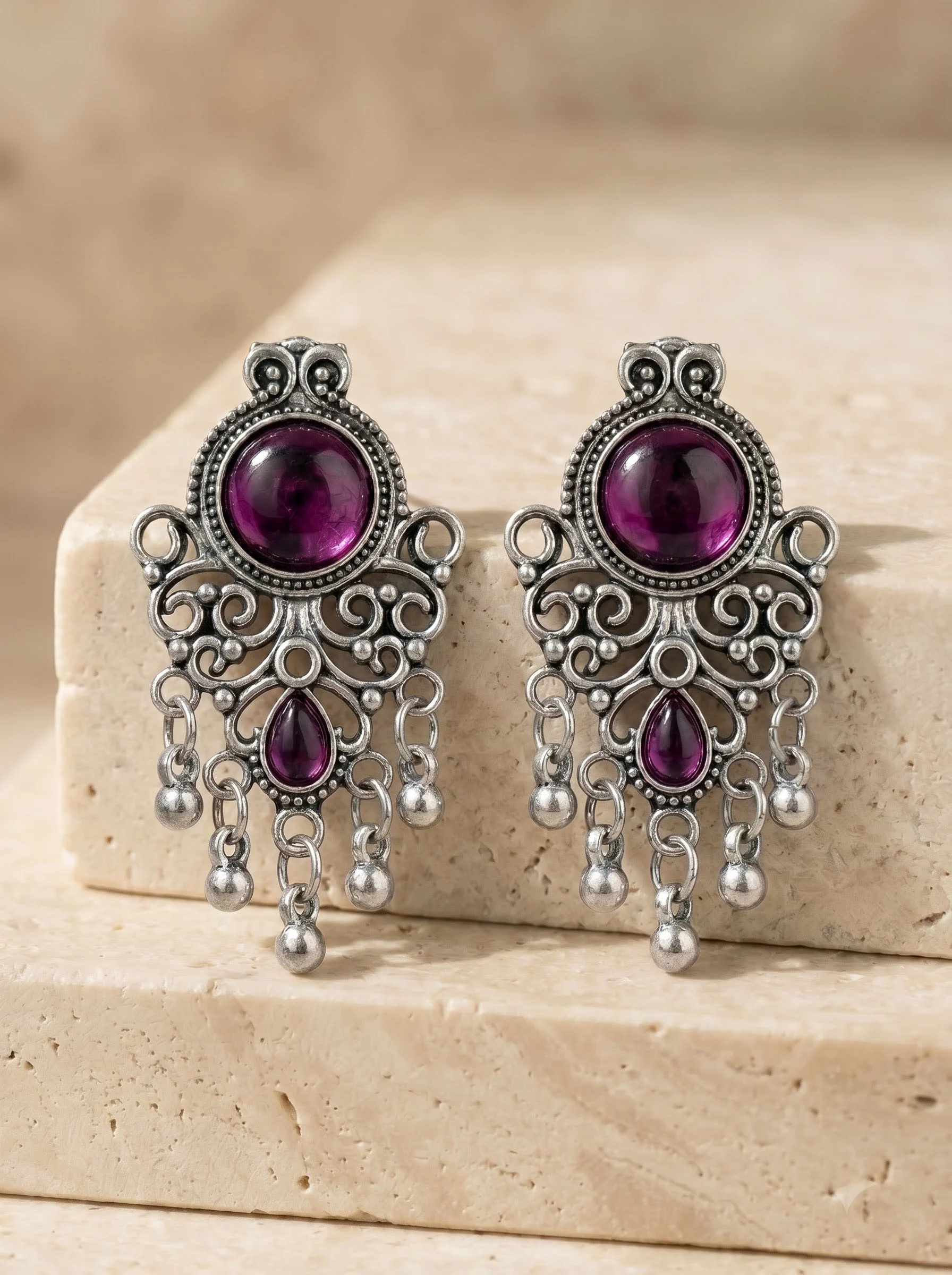 Purple Stone Oxidised Drop Earrings - Image 5