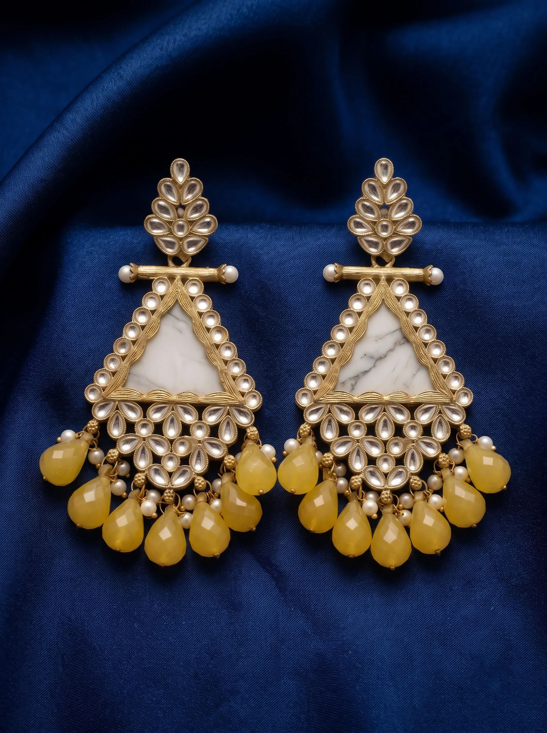 Yellow Beaded Traditional Kundan Earrings - Image 5