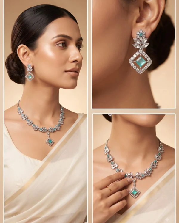 Aqua Floral Silver Necklace Set