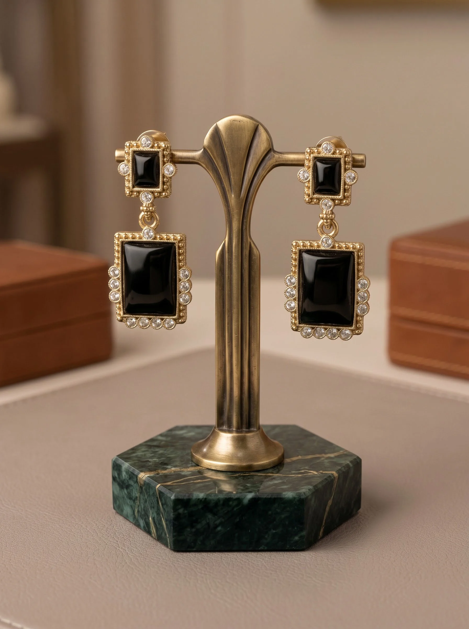 Black Stone Geometric Drop Earrings
