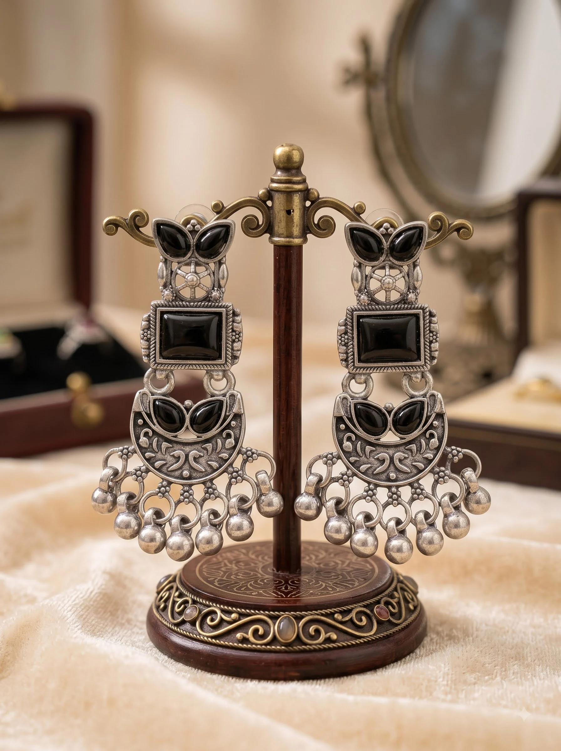 Black Stone Oxidised Chandbali Earrings - Image 6