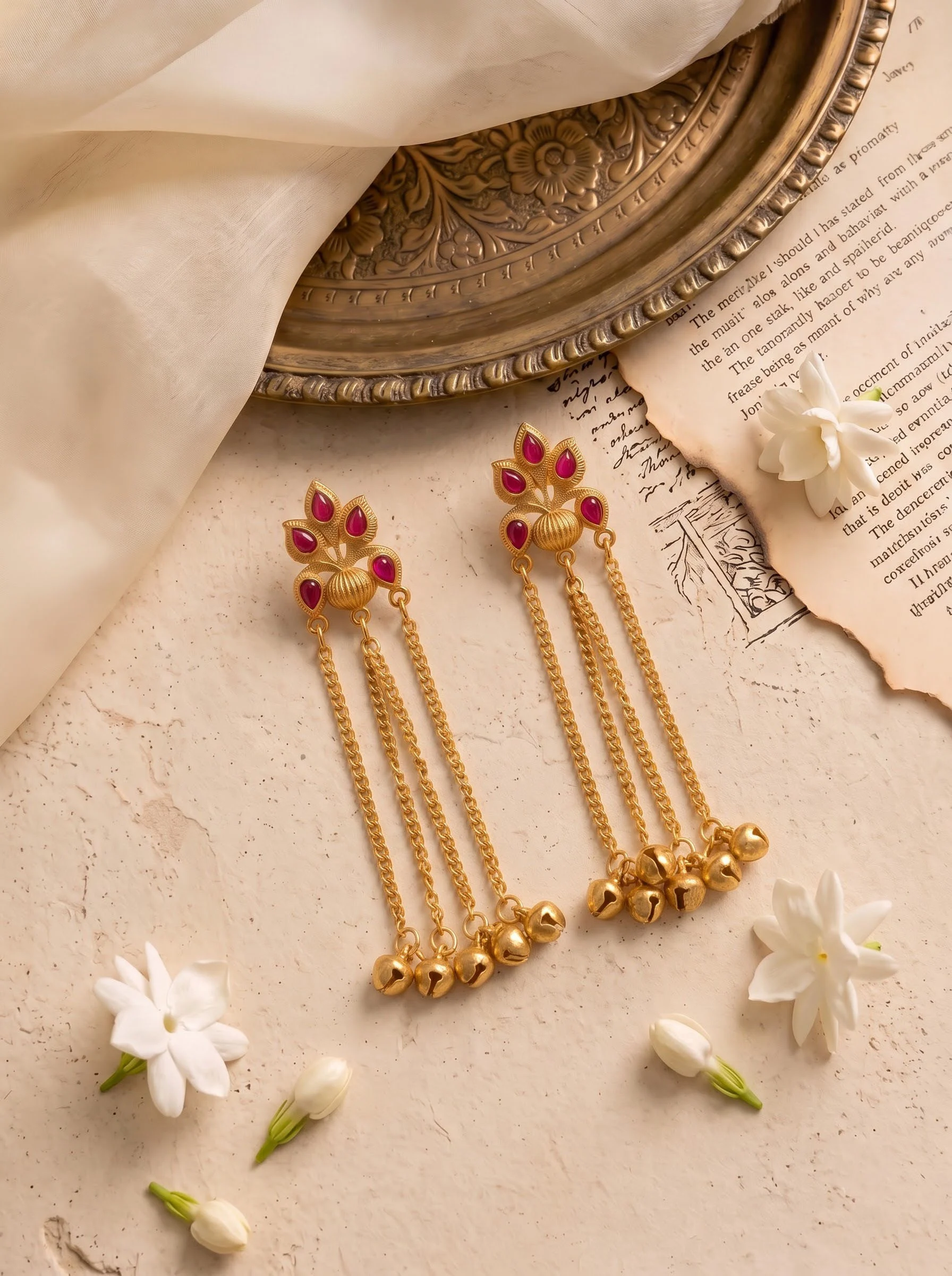 Ruby Petal Cascade Chain Earrings