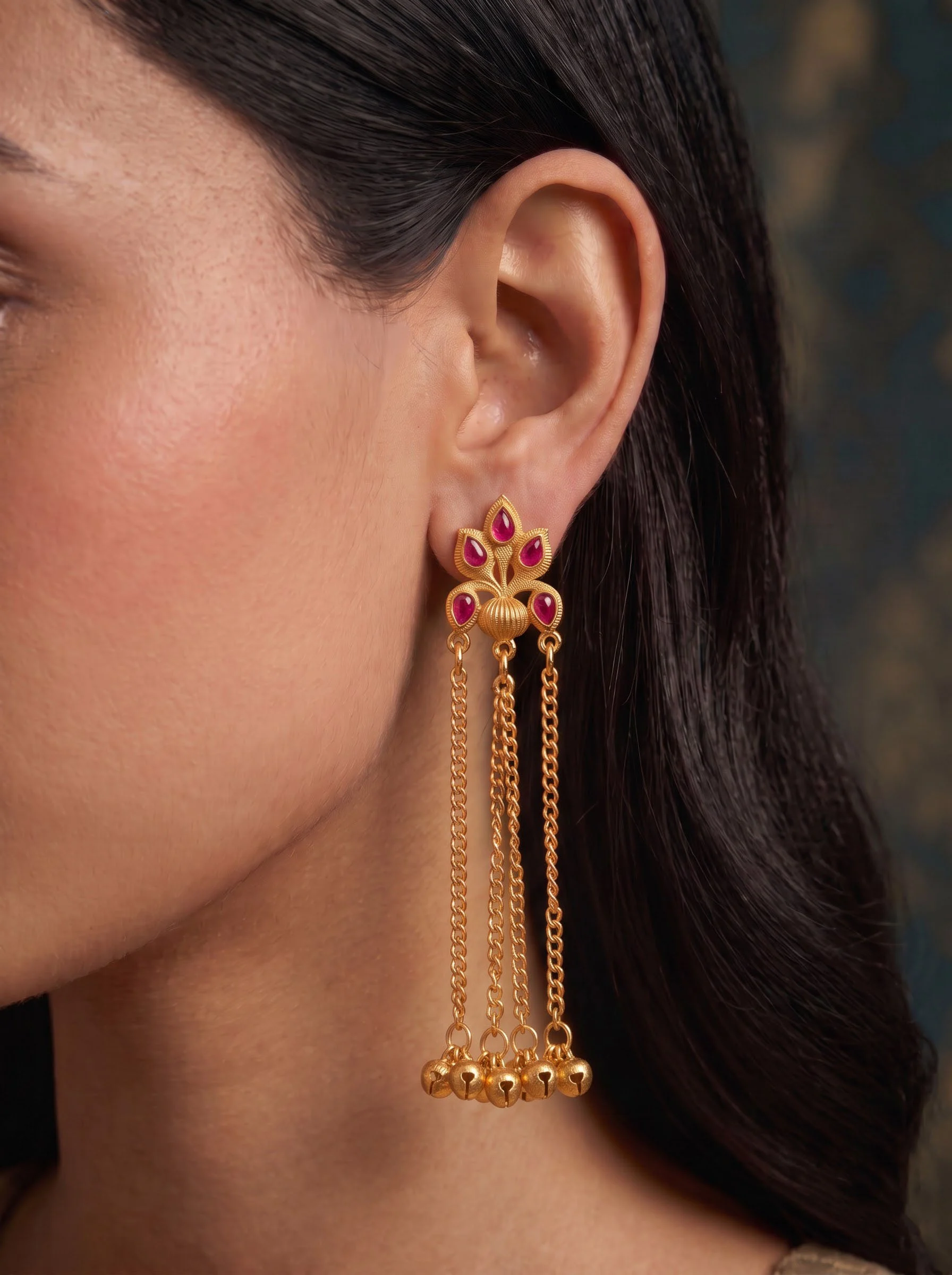 Ruby Petal Cascade Chain Earrings - Image 3