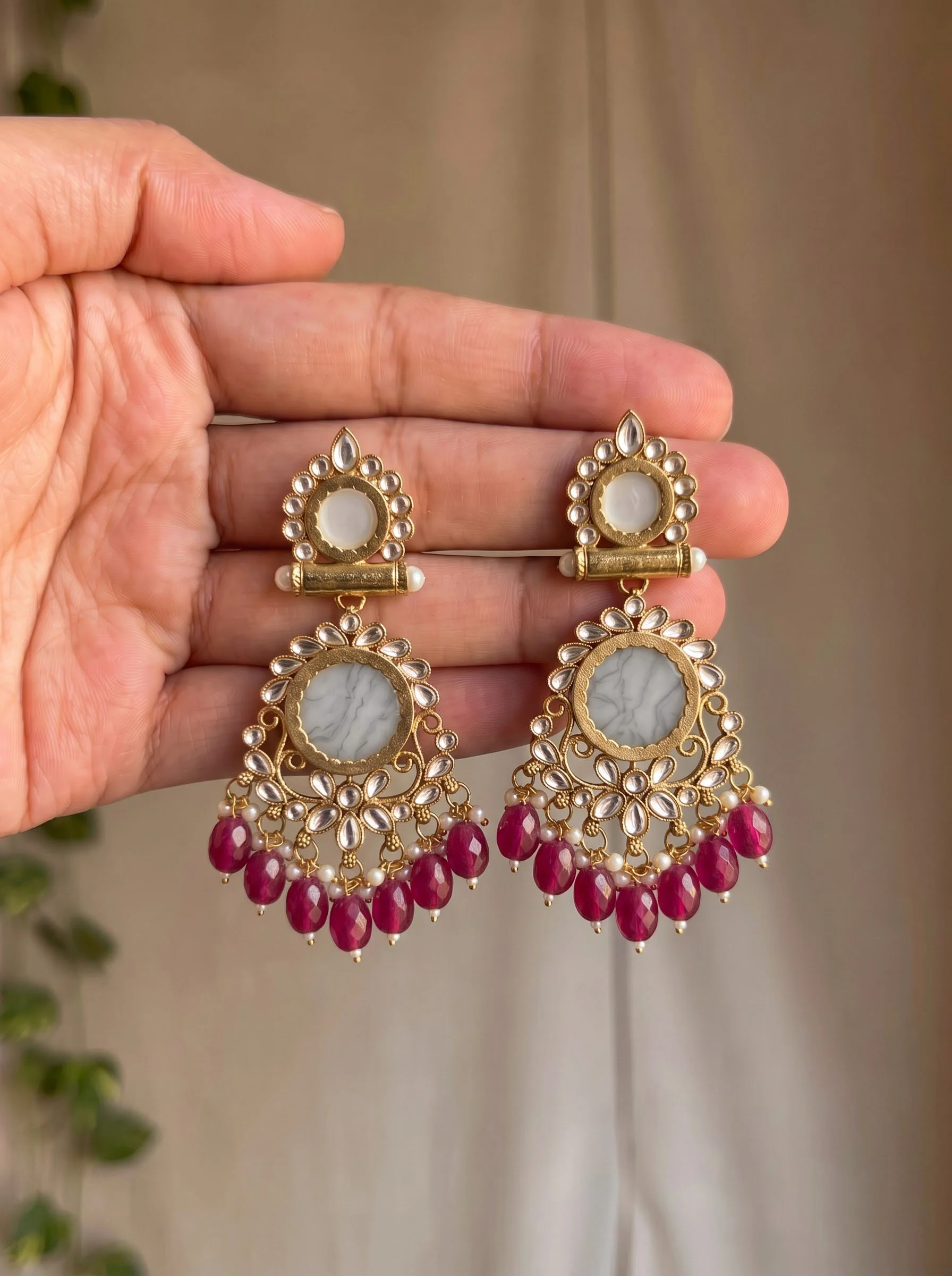 Pink Beaded Kundan Drop Earrings - Image 6