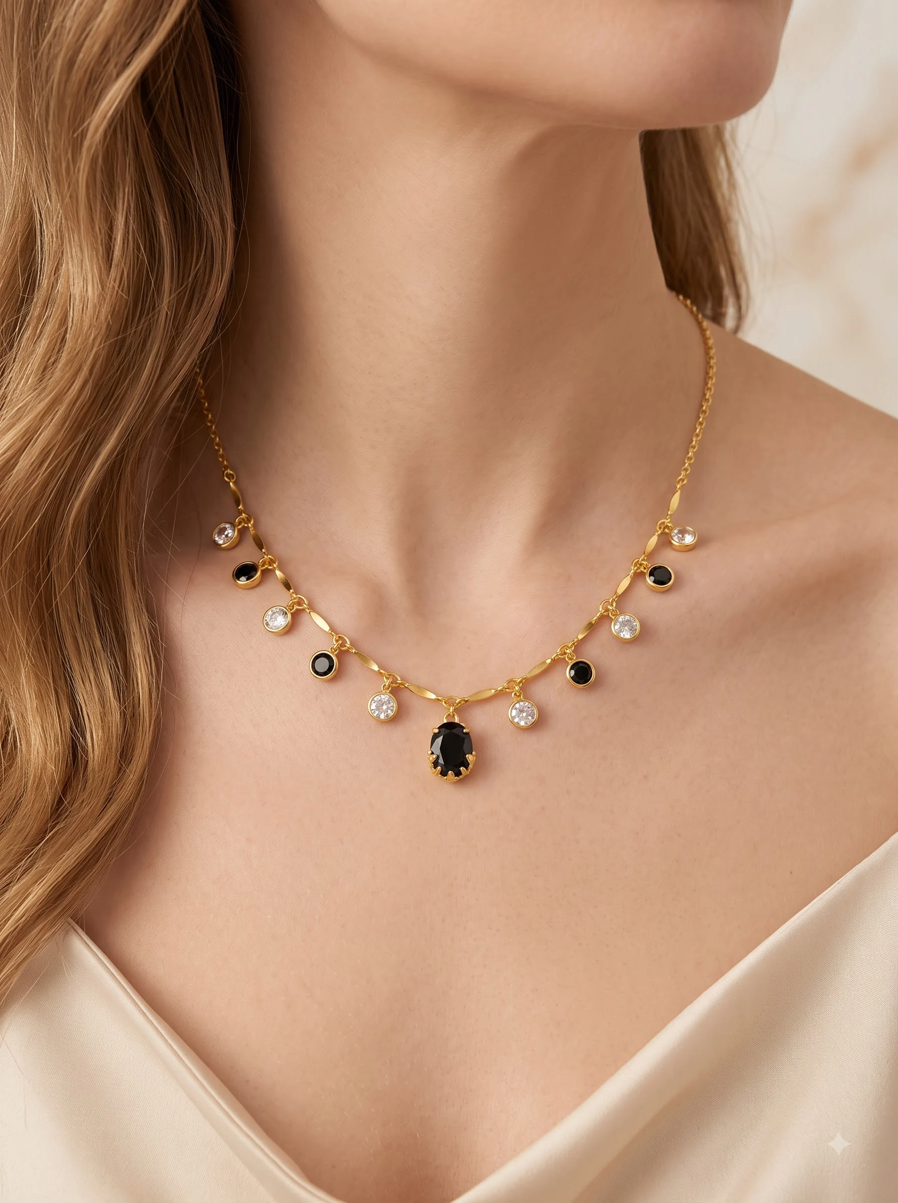 Golden Beaded Stone Drop Necklace - Image 4