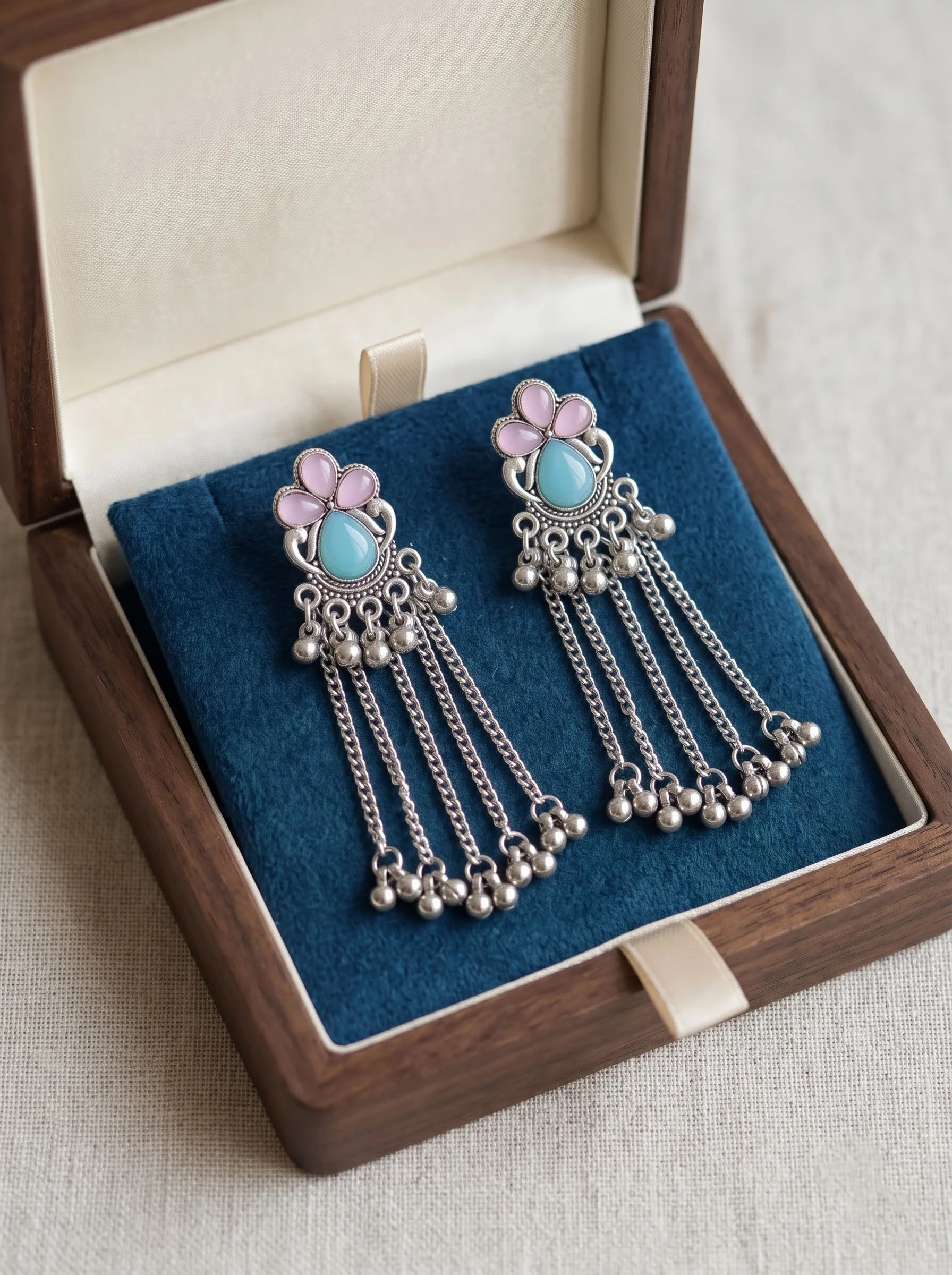 Pastel Bloom Silver Tassel Earrings