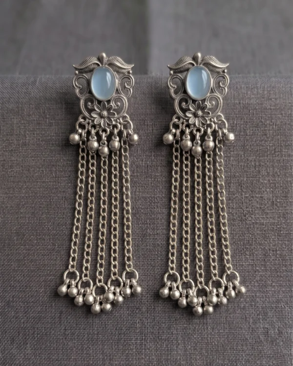 Blue Stone Silver Tassel Earrings