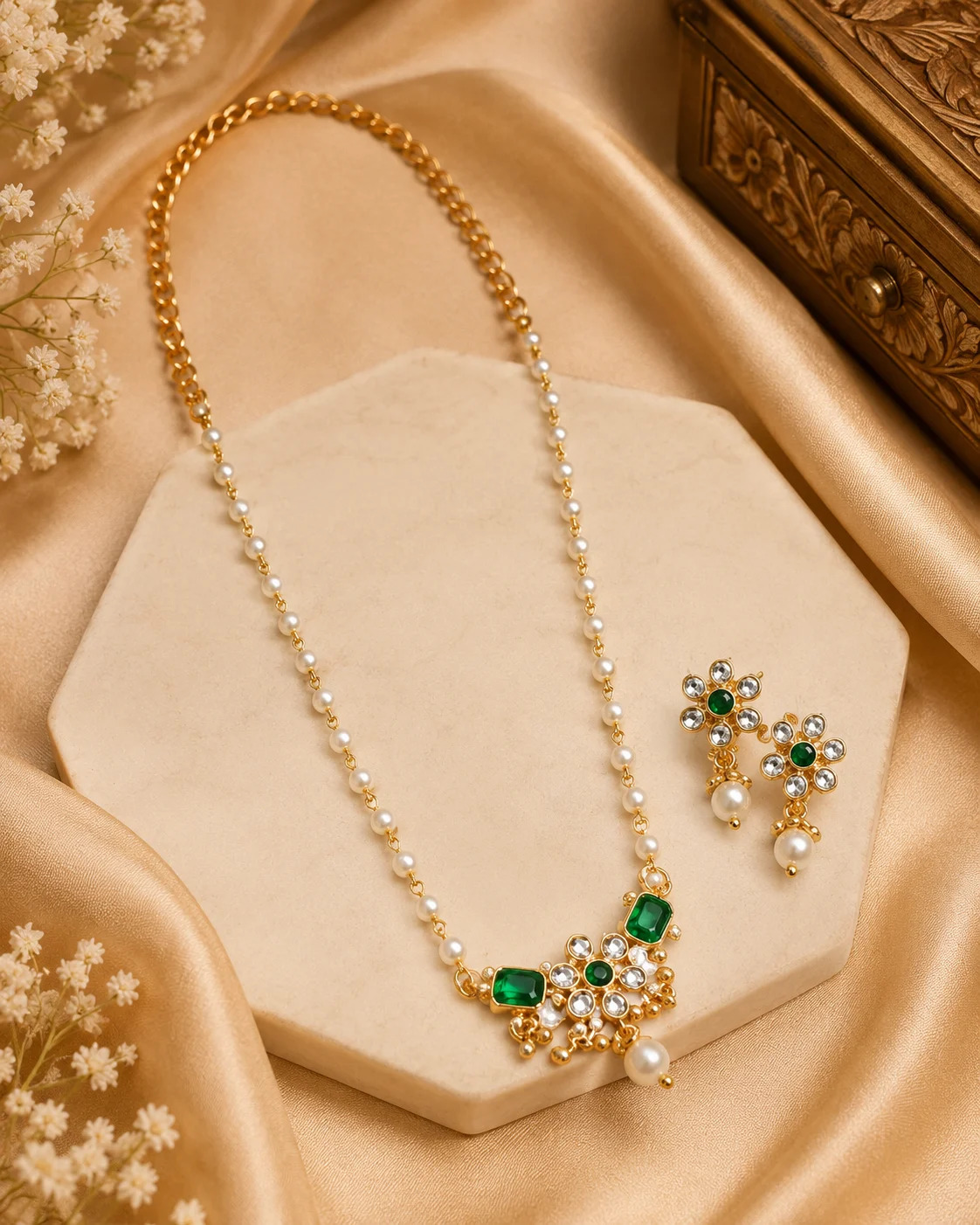Emerald Pearl Floral Necklace Set - Image 2