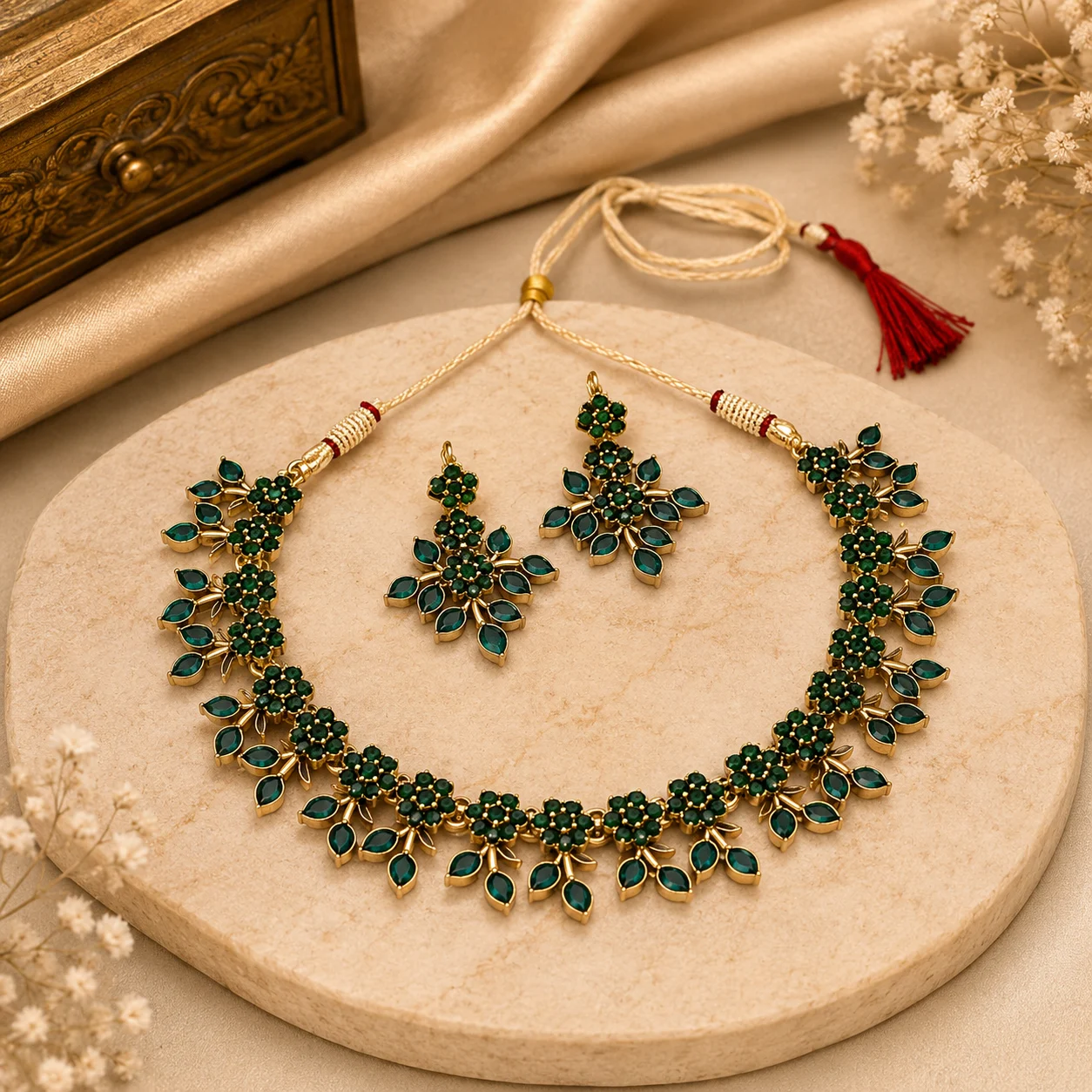 Emerald Green Leaf Necklace Set - Image 2