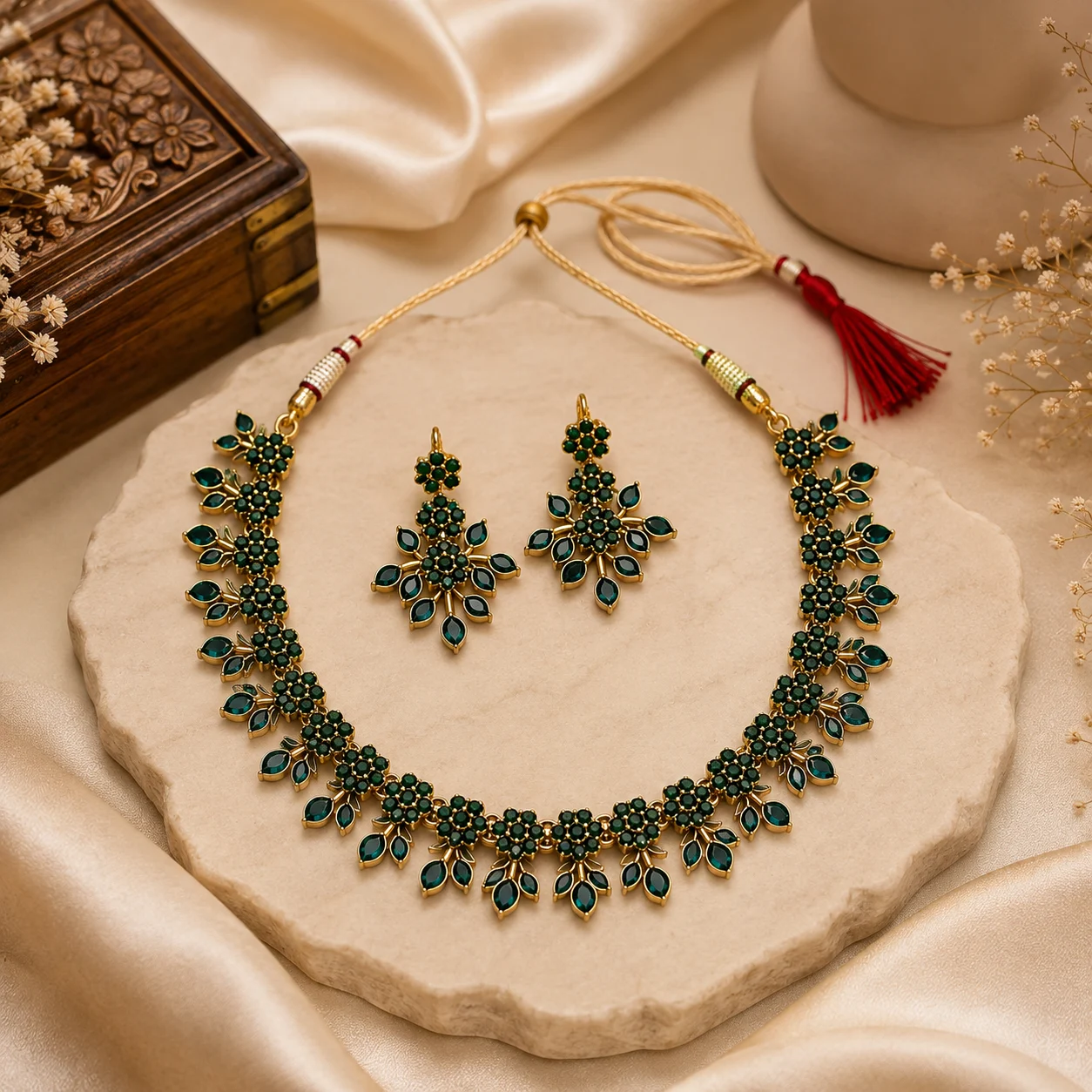 Emerald Green Leaf Necklace Set - Image 3