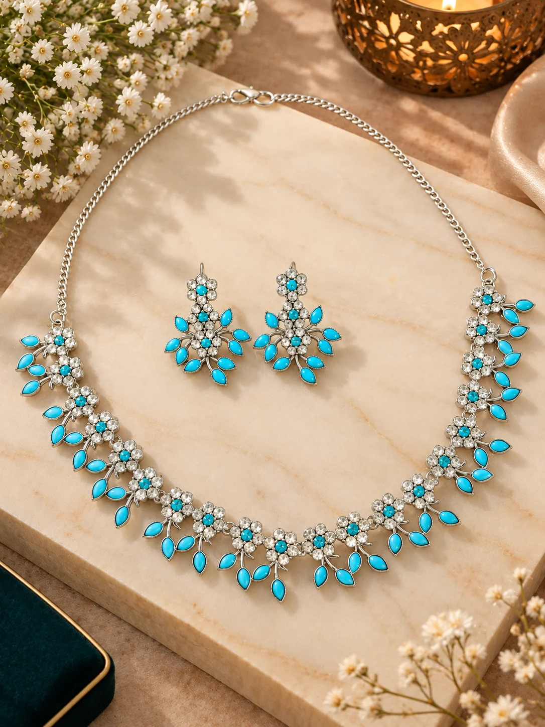 Mint Pearl Floral Necklace Set - Image 3