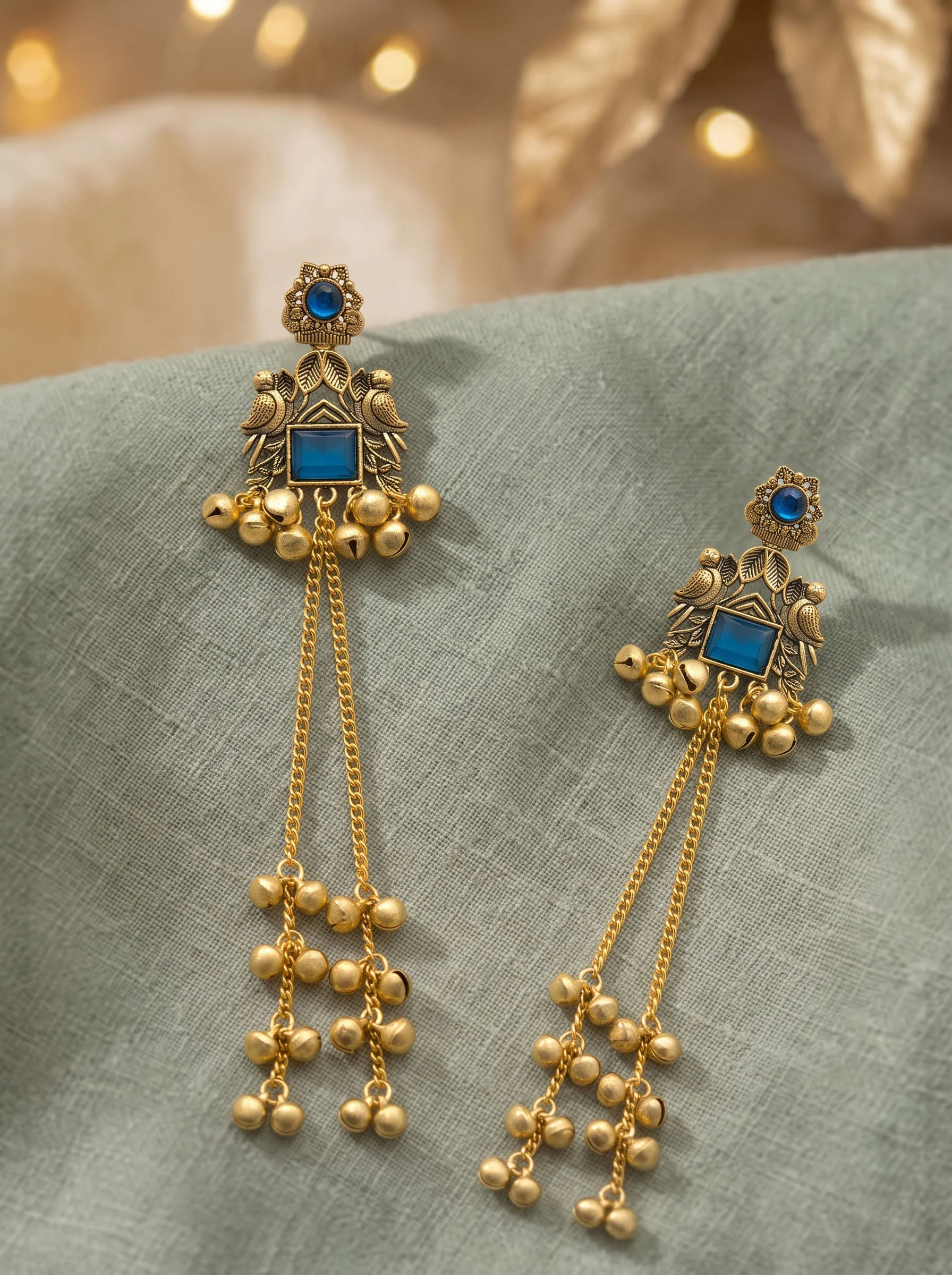 Blue Stone Ghungroo Chain Earrings - Image 5