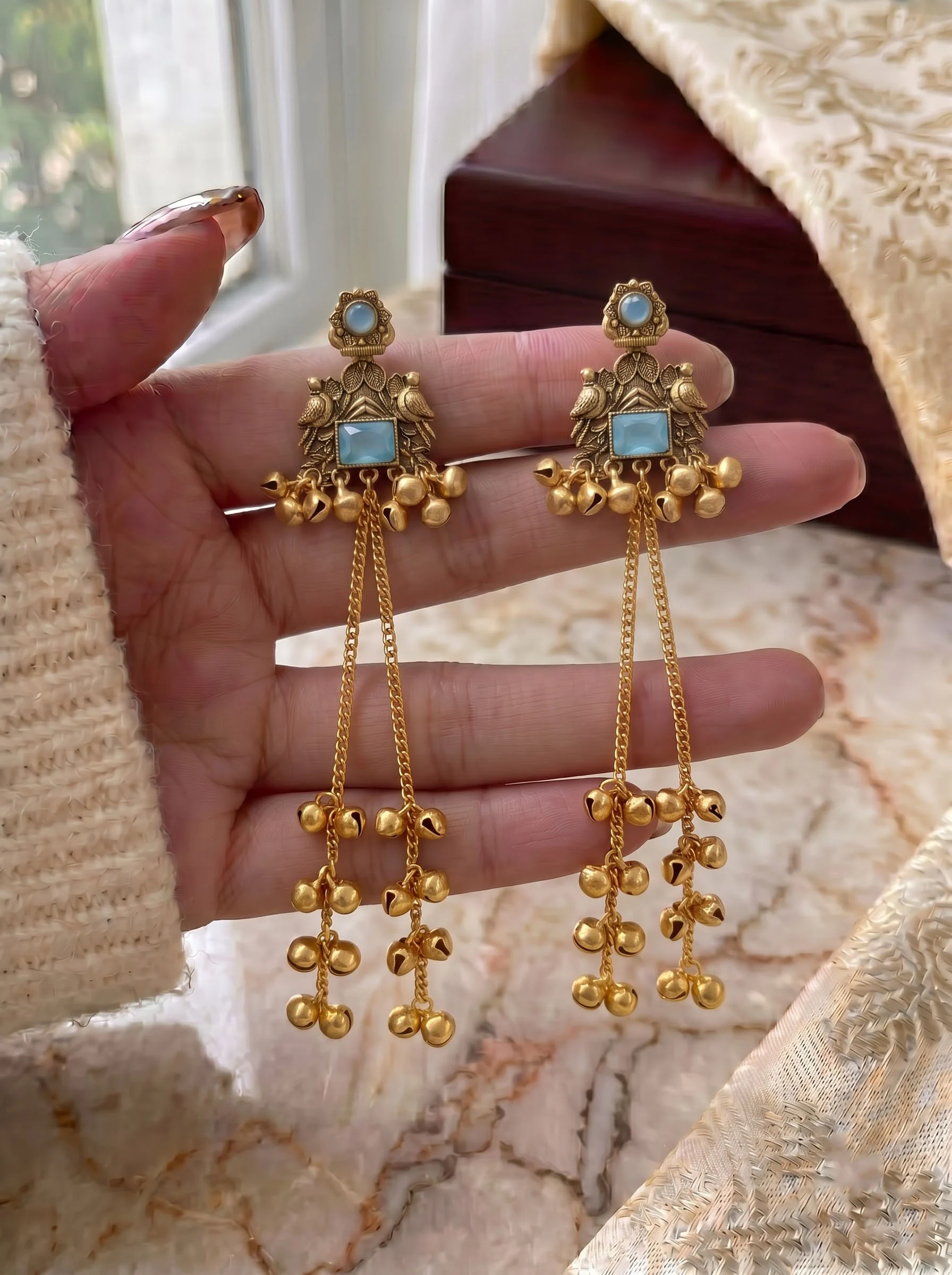 Sky Blue Ghungroo Chain Earrings - Image 4