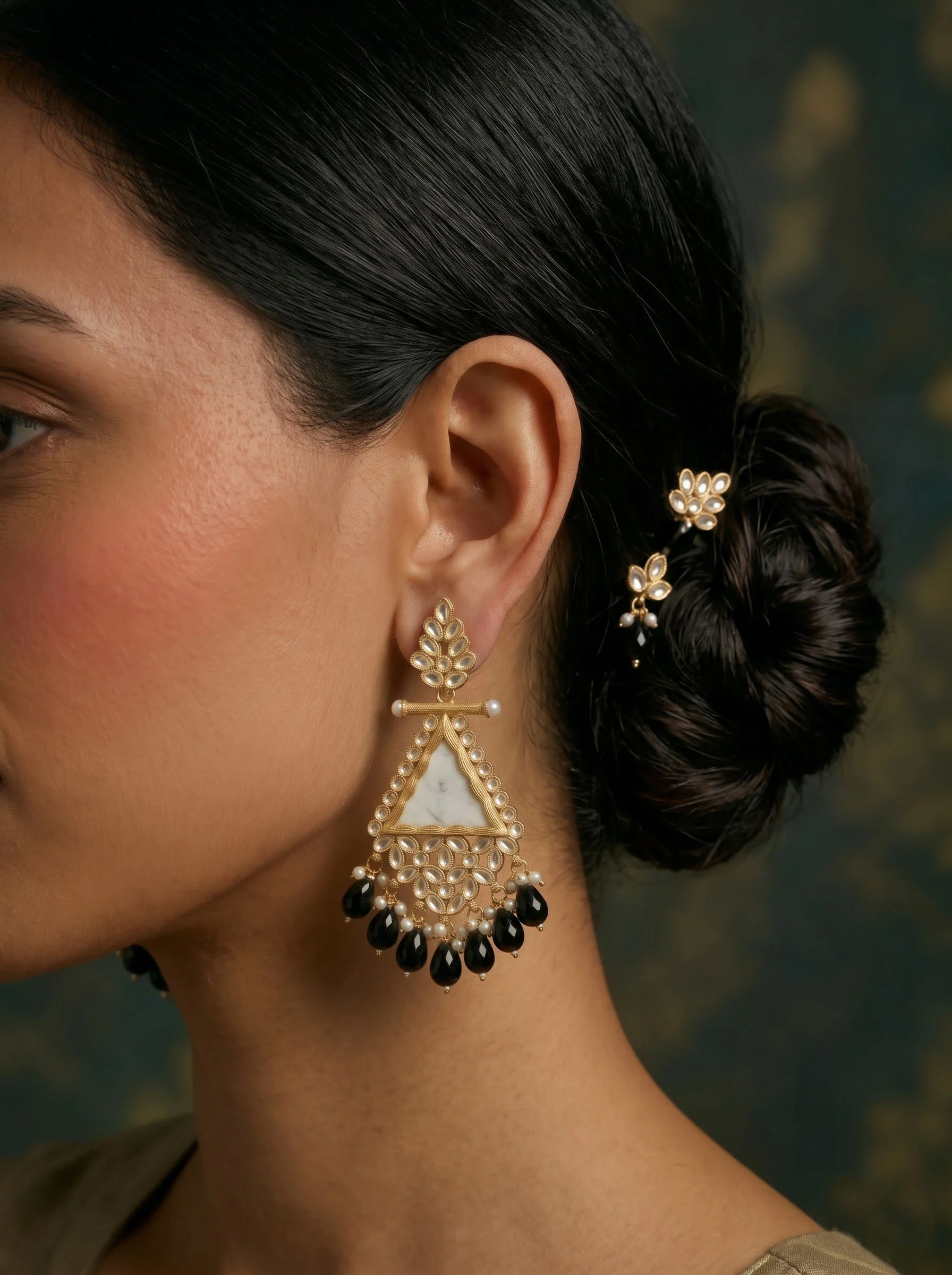 Black Beaded Kundan Drop Earrings - Image 4