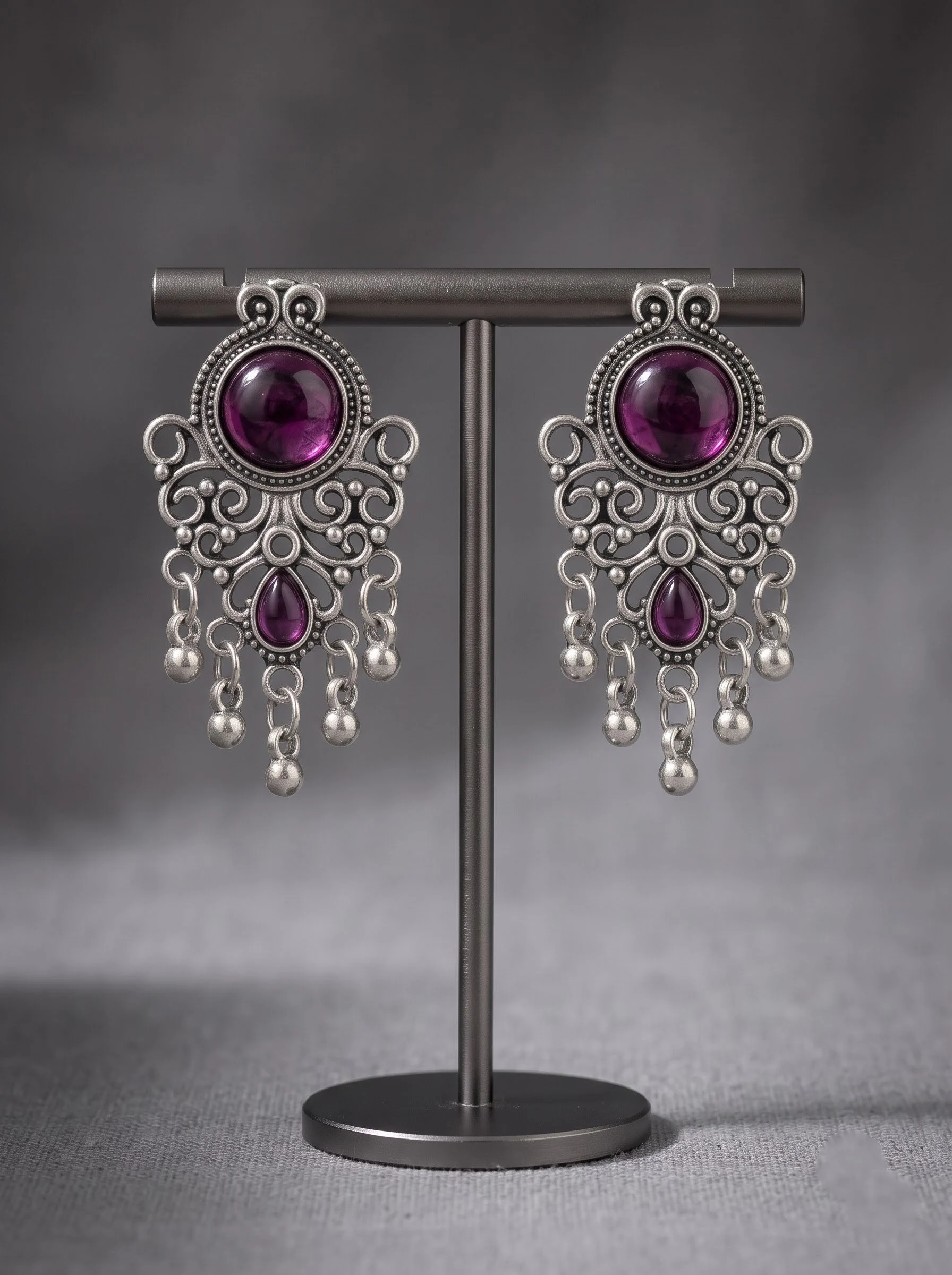 Purple Stone Oxidised Drop Earrings - Image 4