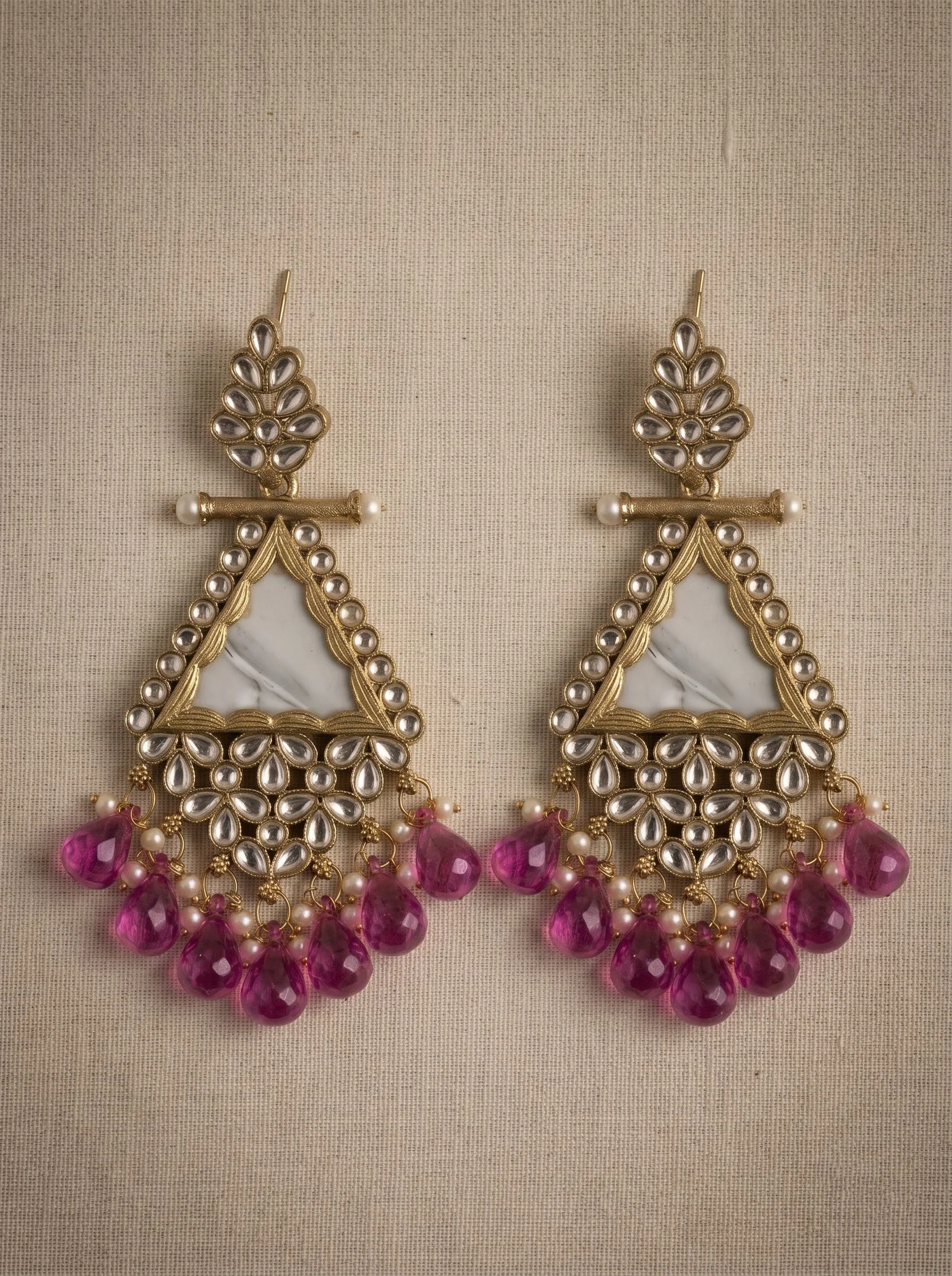 Ruby Pink Beaded Kundan Drop Earrings - Image 5