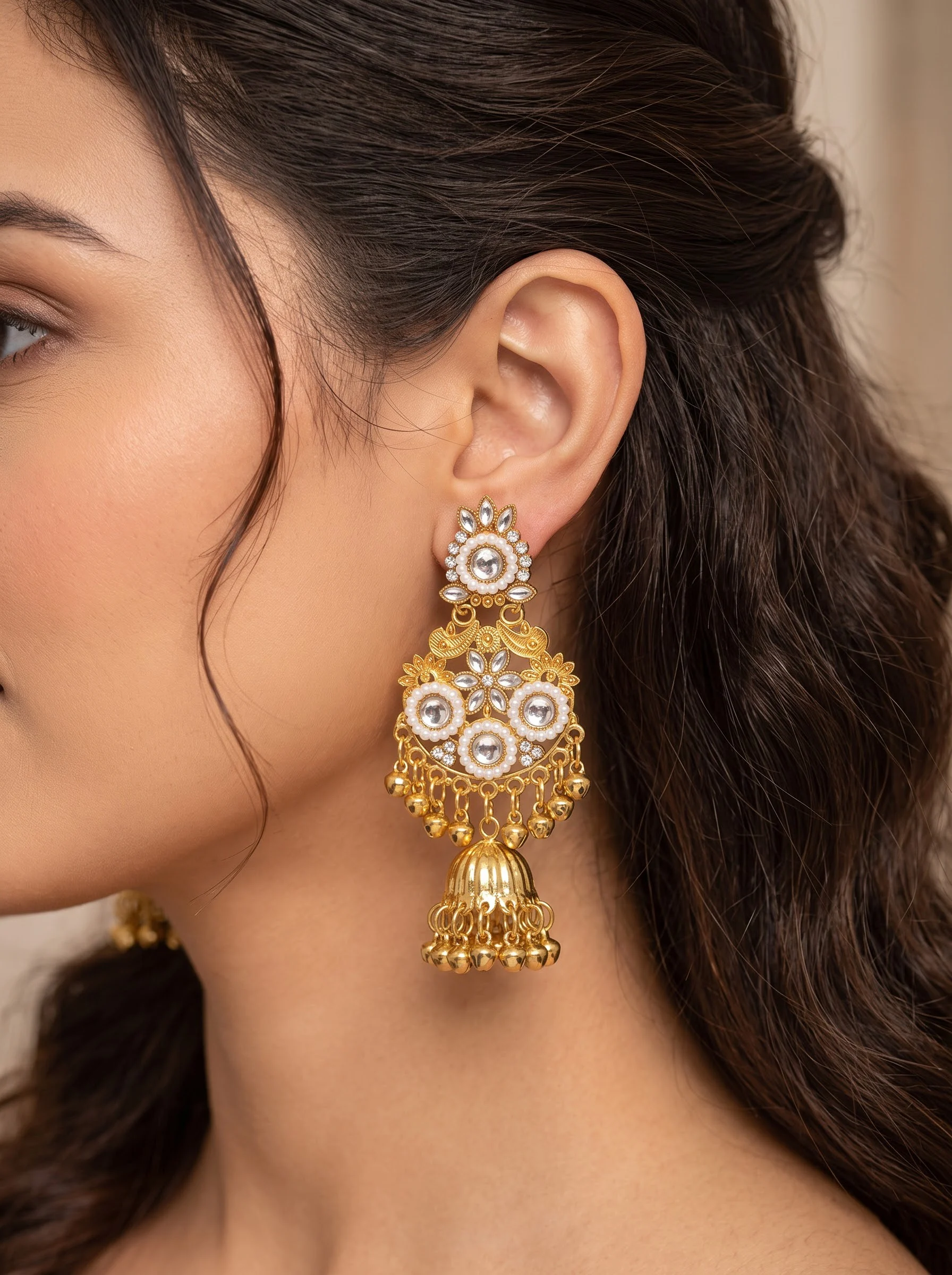 Pearl Kundan Jhumka Earrings - Image 4