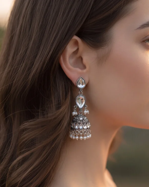 Mint Stone Oxidised Jhumka Earrings