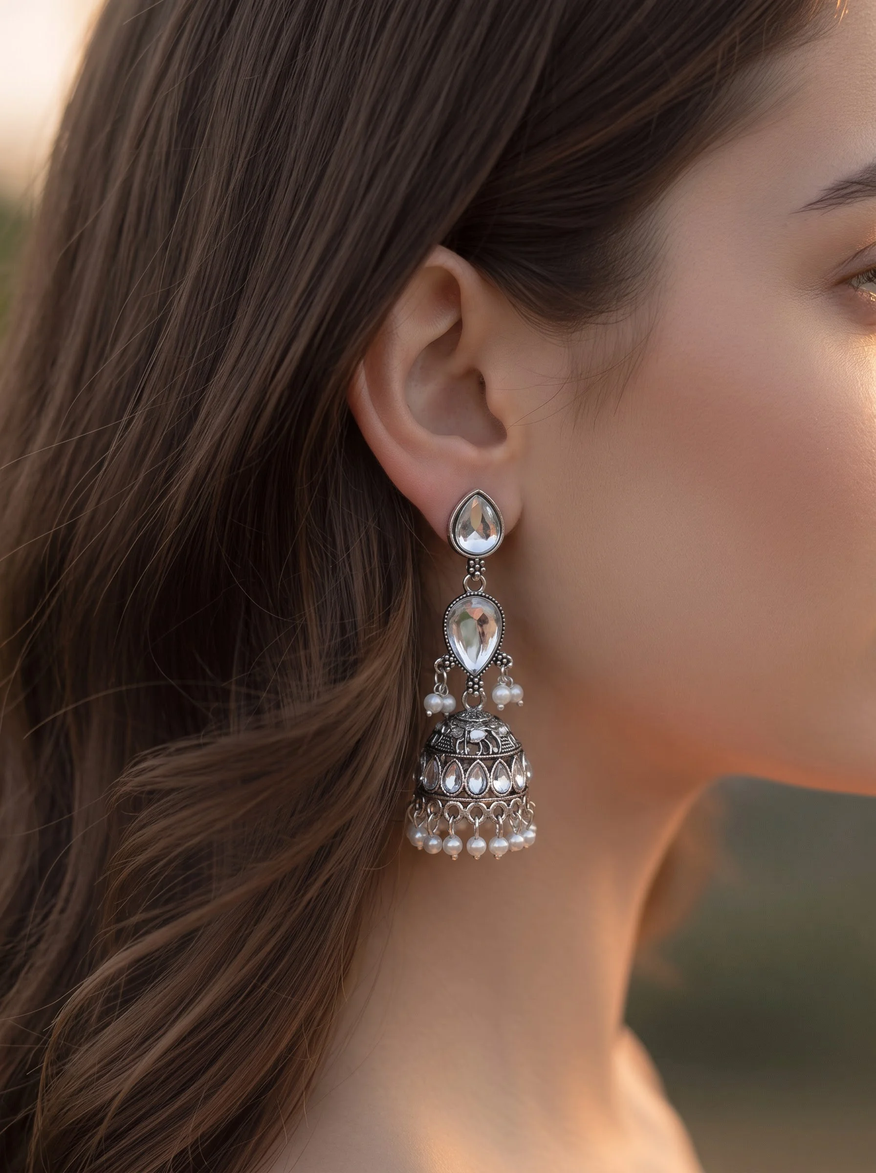 Mint Stone Oxidised Jhumka Earrings